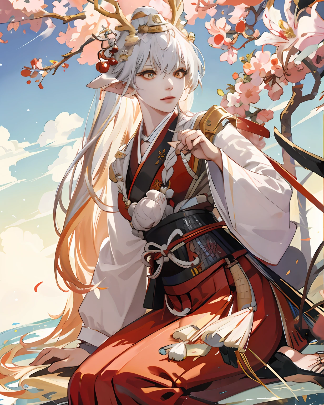 Golden eyes，Saijin ears，Original costume，1girll，独奏，long whitr hair，colored sclera，Japanese clothes，nedium breasts，Japanese armor，Side sitting，Wallpapers，HighestQuali，Highest definition，tmasterpiece，flower  sea，Breeze in the wind，Flowing hem and long hair，gouache painting，Red pants（hoang lap，A high resolution，ultra - detailed），1girll，Mature woman，Complicated details，enlarged textures，Complicated details，Fine eyes and detailed face，Complicated details，whaite hair，（Keep one's mouth shut），（perfect  eyes，Equal eyes），（（Japanese clothes）），Ultra photo realsisim，photograph of-realistic，Very detailed 3D