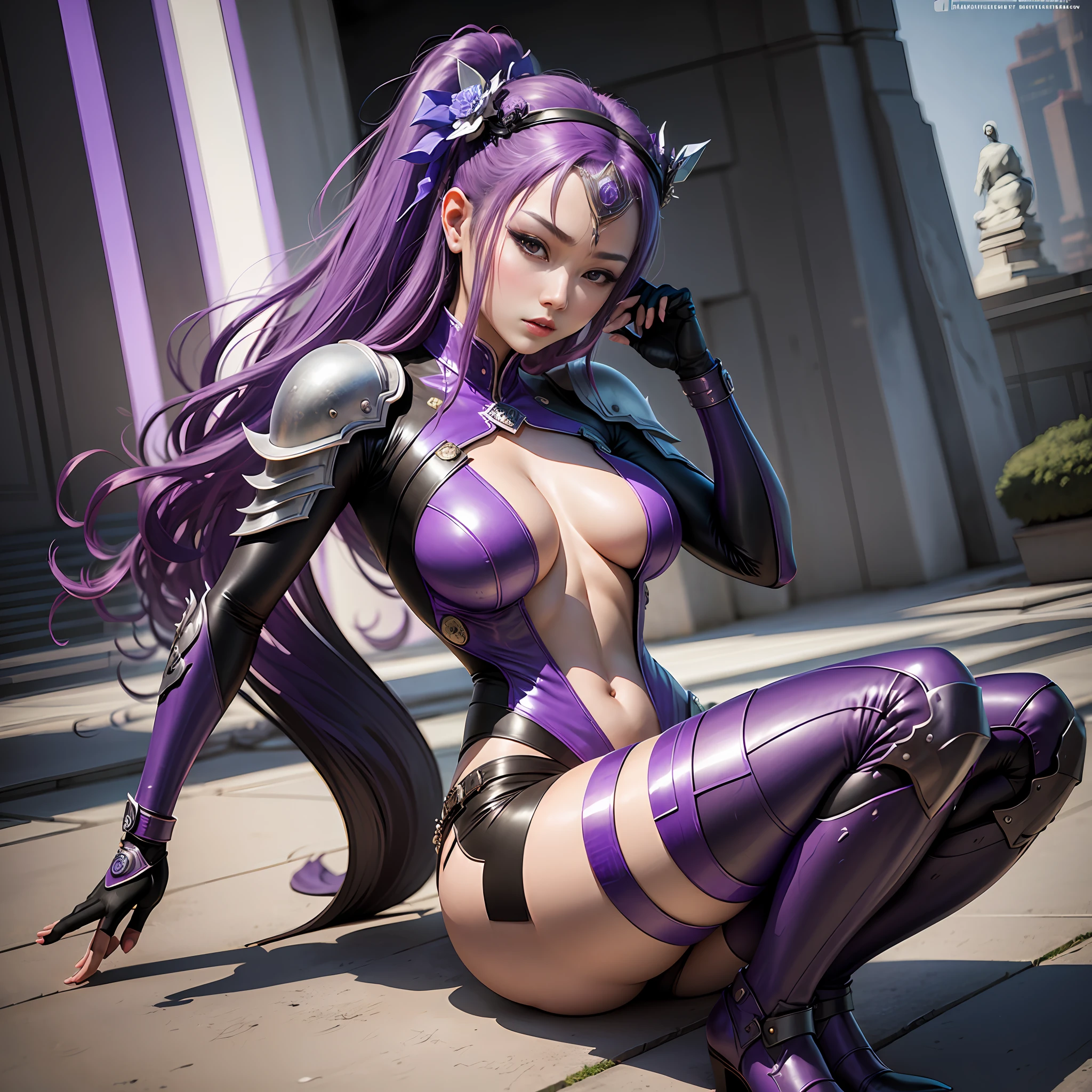 A Lafite woman in a purple leather suit sits on the ground, a statue by Yang J, Tumblr, Fantasy art, Japanese goddess, sakimichan hdri, an oppai cyberpunk, gorgeous chinese models, trending on cgstation, sakimichan, a beautiful fantasy empress, Sexy pose, Sexy girl, Anime girl cosplay, seductive anime girls --auto