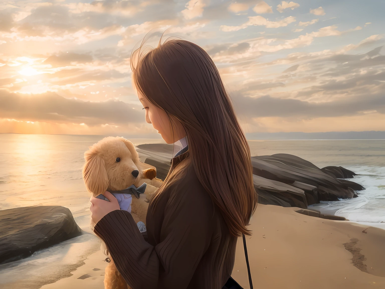 Japanese girl holding cute teddy bear dog on beach by the sea, taken with sony alpha 9, photo taken with canon 5d, taken with canon eos 5 d mark iv, standing on the sea side, Photo taken with Sony A7R, Have by the sea, Have by the sea, taken with canon 5d mk4, Photo taken with Sony a7R camera