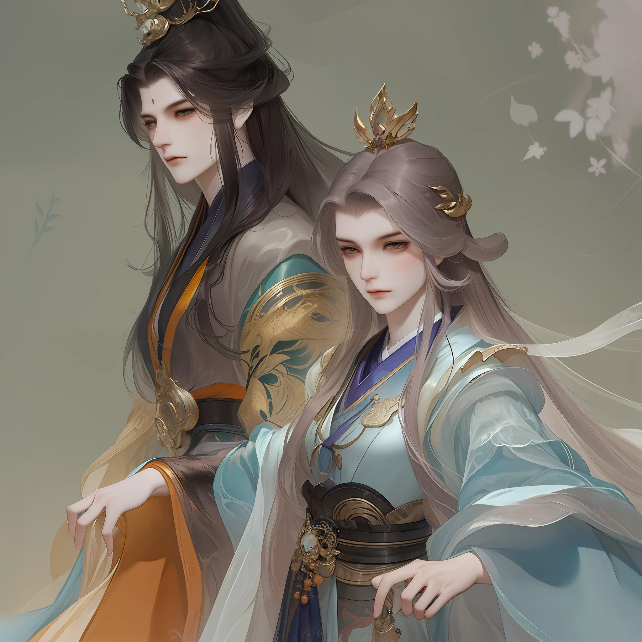 best qualtiy,tmasterpiece,highly detailed wallpaper,2 people(1male people,1female)、pretty eyes,Character standing drawing,malefocus,brunette color hair,long whitr hair,Kingly temperament,详细的脸,gorgeous hair accessory,Hanfu,超高分辨率,sketching,ink wash style