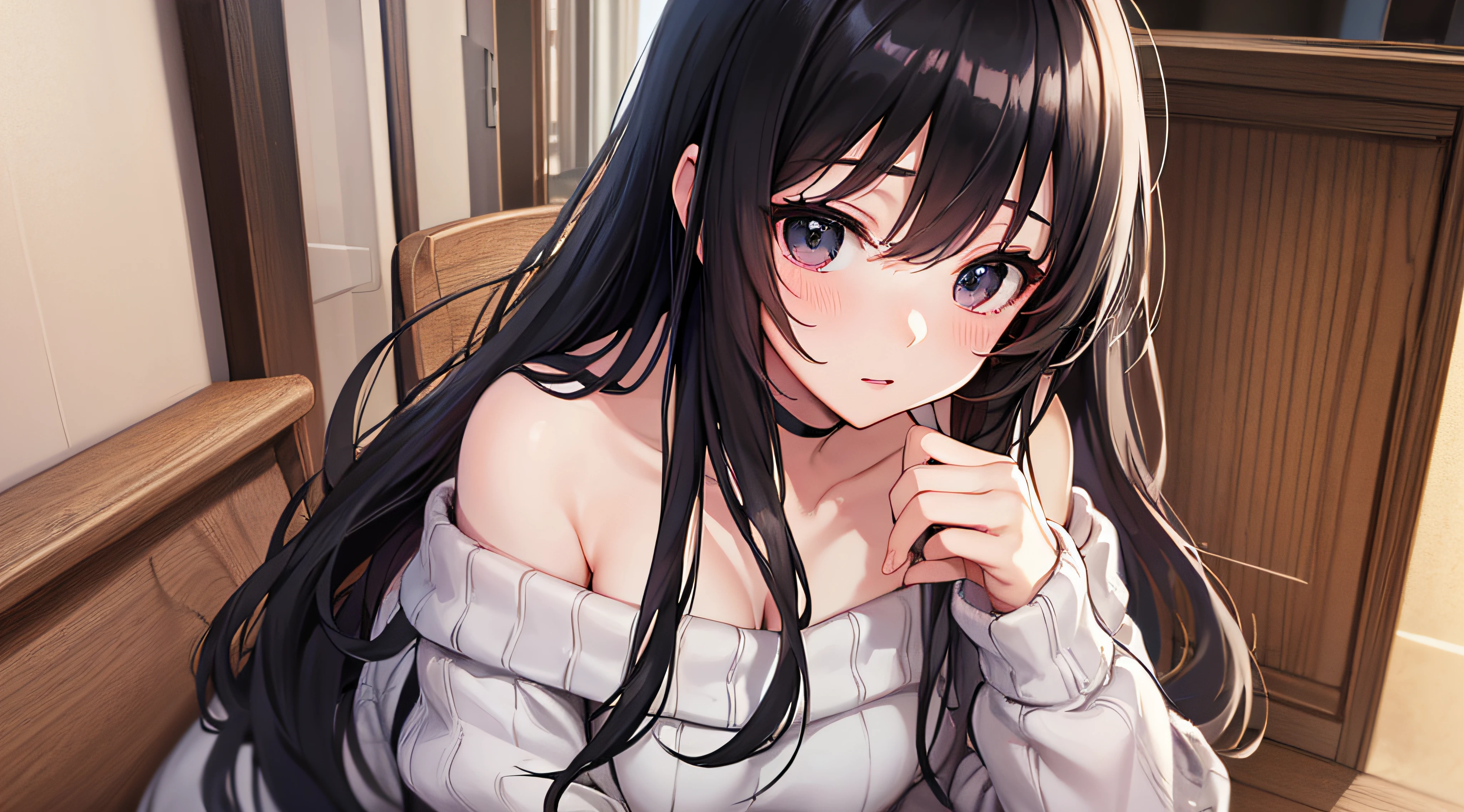 (((Chest opening off-shoulder sweater))) 、 Long black hair with slightly wavy hair、Black eyes、Superlative quality、((Top-notch image quality))、Neat and clean girls、beautiful a girl、Erotic look、Dainty girl、(((Poses)))、
