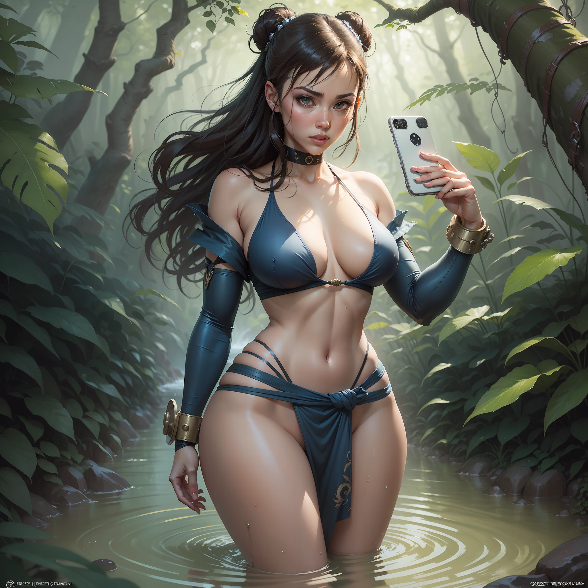 Atompunk-Theme Art of Chun-li from Street_Fighter, (centered), (half body), (selfie shot), dressed in ripped torn sarong, wading through waist-deep pool of water, in a whimsy-magical forest glade :: (gorgeous Frank Frazetta Composition) :: ((in the premium Illustration_Style of crisp clean Airbrush painting, Greg Rutkowski-Artgerm style)) :: beautiful, clear eyes & face, 2D Flat-color-shading, perfect face features,