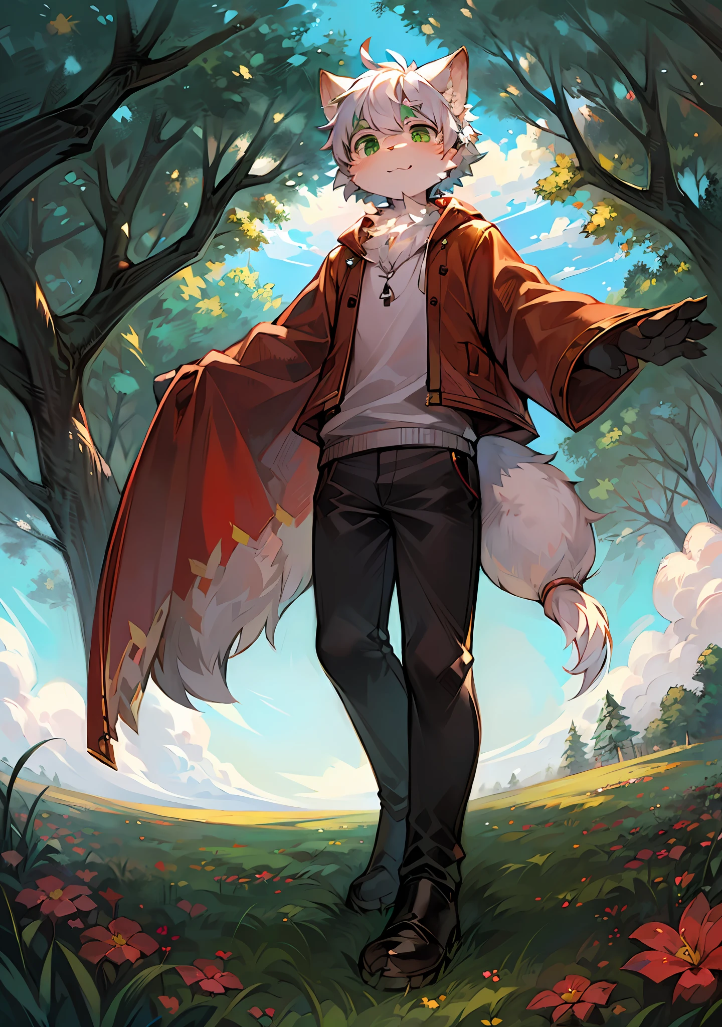 masterpiece,high quality,abstract res,digital painting\(artwork\), by dagasi, yupa,kiyosan,(anthro,fluffy fur,character focus:1.1),anthro male cat,short hair,portrait , eyes with brightness, in a panoramic view, Character focus.(detailedbackground:0.7), 独奏, shaggy, shaggy male, malefocus, anthr,(Full Body Furry, Fluffy tail, White fur, Dark green eyes, white color hair:1.2), (Long felines、moth,Manteau:1.2),(grass field,rays of sunshine,Dense grass,Low tree,butterflys,1:1)