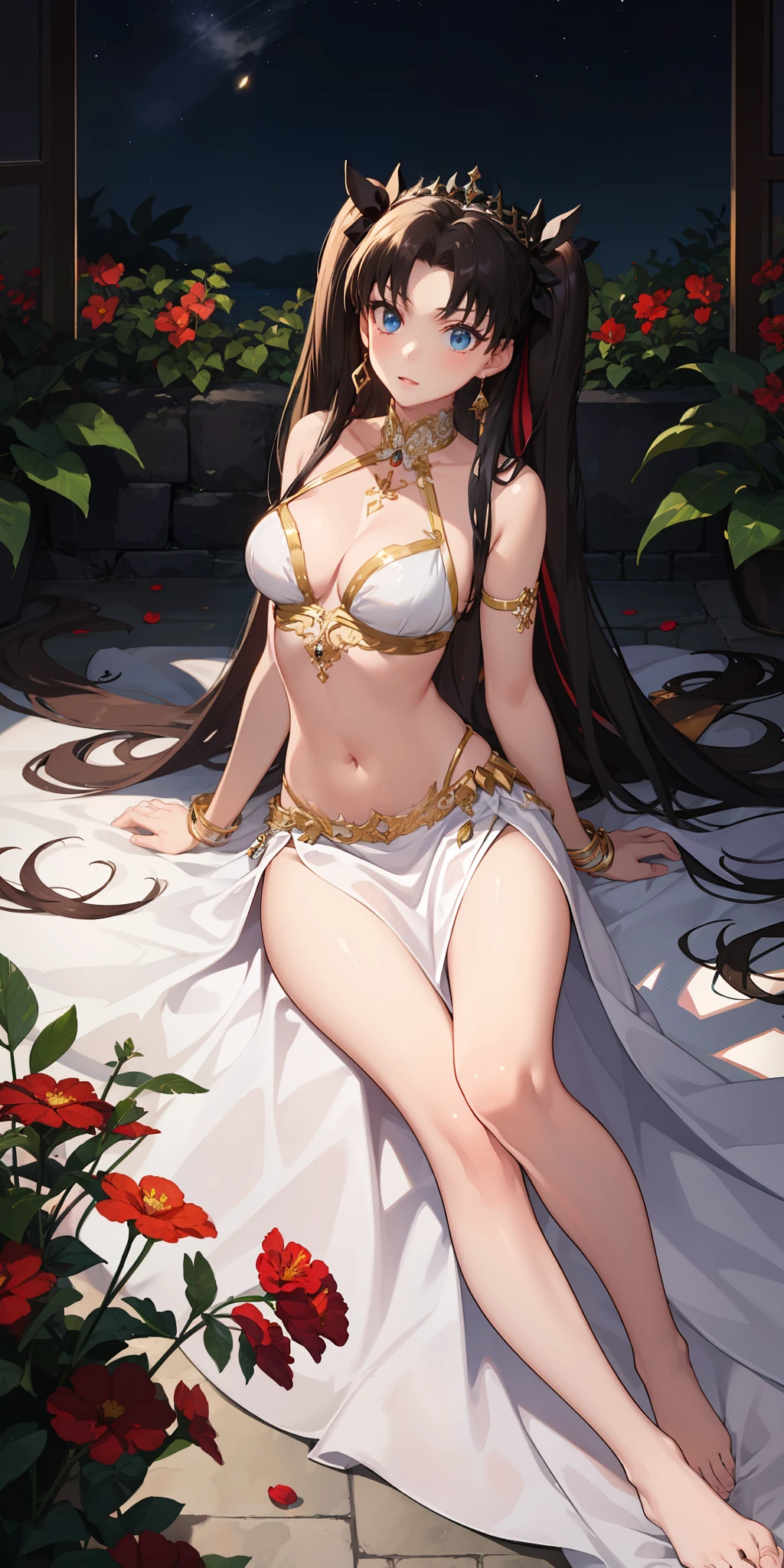 long hair, black hair, medium breast, slim legs, nervous, white gown, cleavage, arabian belly dancer , skirt, rin tohsaka, twin tail, navel, garden, night, blue eyes, tiara, laying down