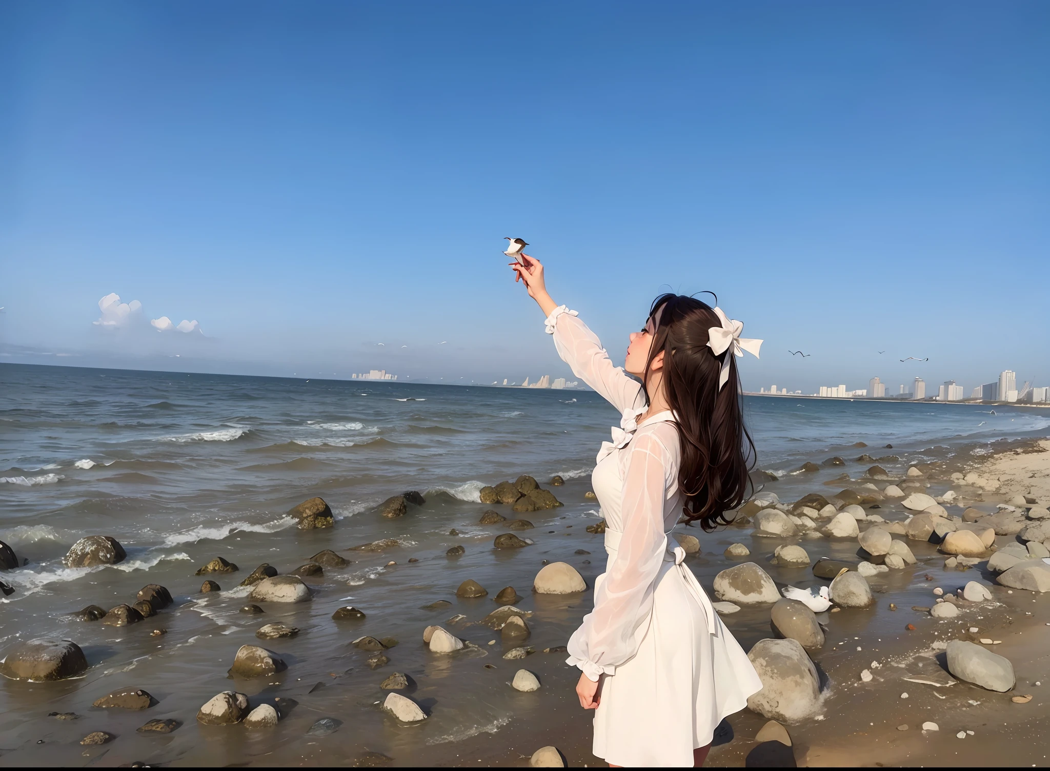 A woman wears a white dress,A bow is tied around the waist,Behind you is the view of the sandy beach,Holding a seagull in his right hand,A bow is worn on his head,Seagulls fly in the sky。