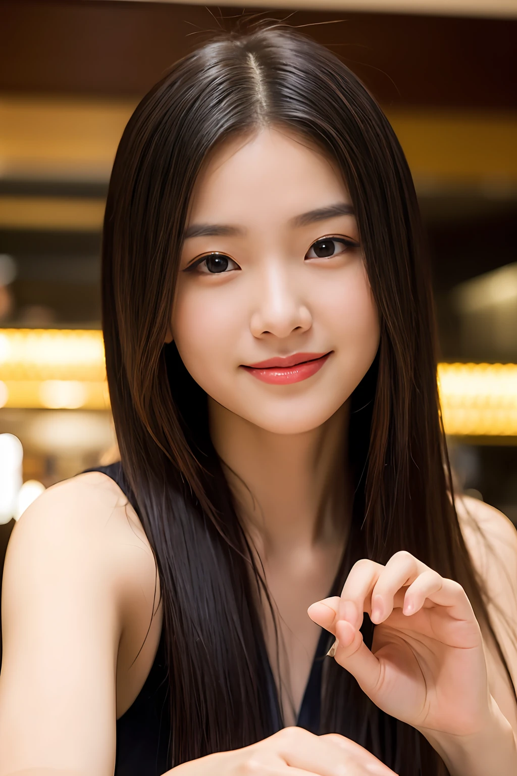 (masuter piece:1.3)、(8k、Photorealsitic、RAW Photography、top-quality: 1.4)、(1girl)、(Shooting for one person only)、beautiful countenance、(lifelike face)、Korean model(A dark-haired、Long:1.3)、Chinese models(A dark-haired、Long:1.3)、Beautiful hairstyle、realisticeyes、real looking skin、Beautiful details、Beautiful skins、A charming smile、Smiling smile、超A high resolution、(A hyper-realistic)、high-detail、the golden ratio、Women in Their 20s、Faces that look a lot like live-action、toned body type、The background is a hotel bar、Glass in right hand、Hold the glass with four fingers、The thumb is not visible、Not unnatural finger shape、summer clothing