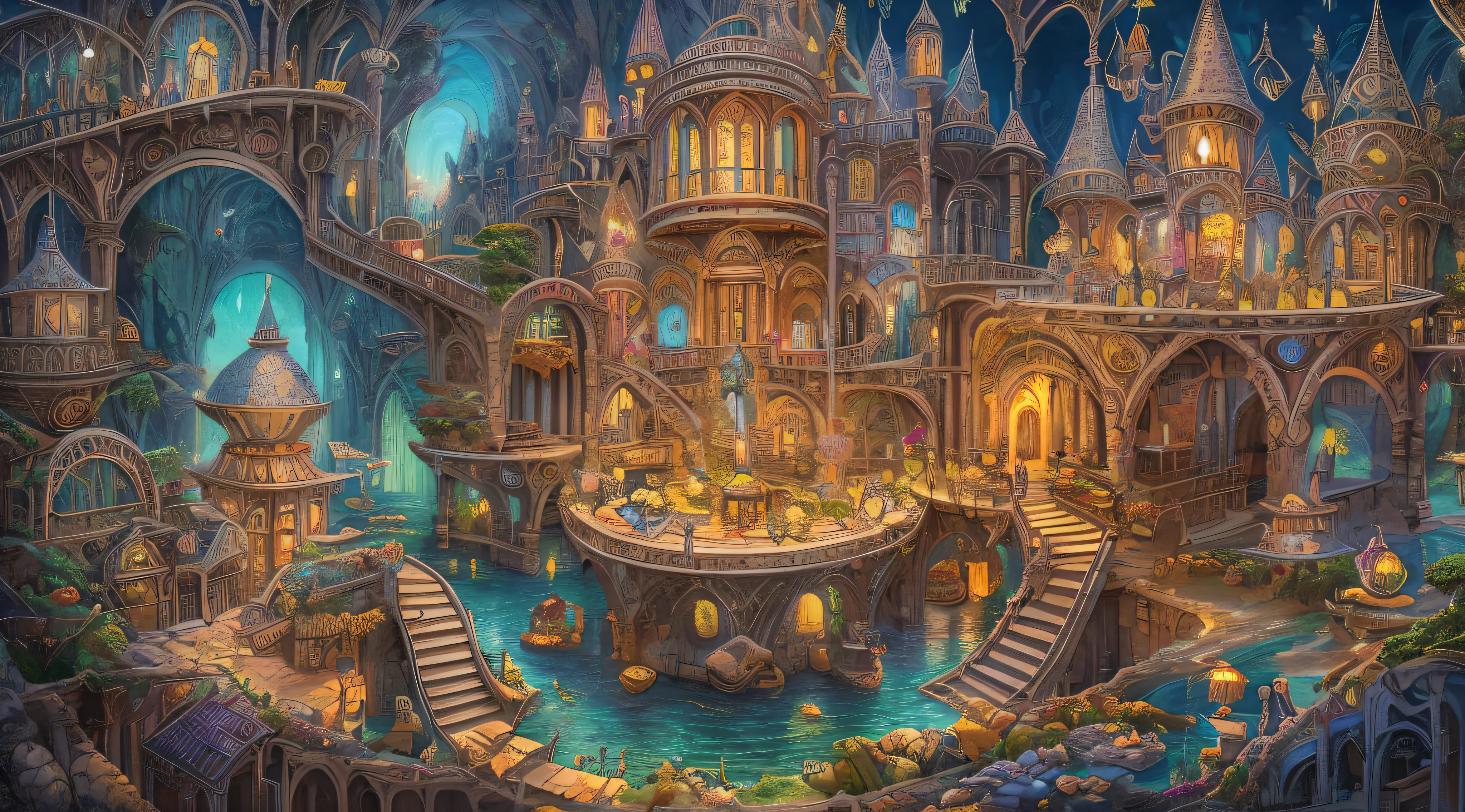 ""monstros escuros cheios de cristal, Detailed digital illustration of a magical fairy garden city, cercado por brilhos de cristal luminoso flutuante,intrincado, elegante, Scenic, hyper-realistic, 8K resolution, maximalista intrincado, scientific fiction, 3D-rendering, pastel color mythical ethereal fantasy, detalhes intrincados e ornamentados"" ""oil on the canvas, cores vivas e brilhantes, Realismo, Vanitas, hiper-realista, maximalista, Metaphysical psychological painting, Virtuosismo, elegence, sofisticado, caprichoso, teatral, Chiaroscuro, cenografia, Descascar, complexidade, contraste forte"" --auto