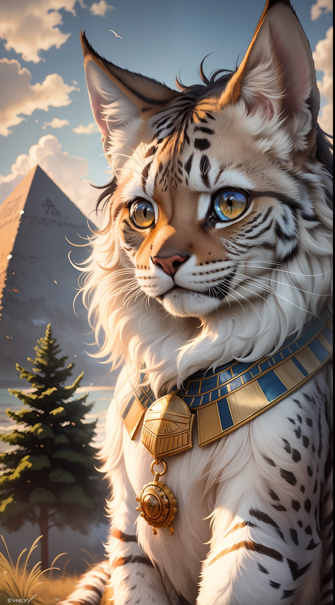 tmasterpiece, beste-Qualit, Fluffy girl, En plein air, HDR, blue skies, Sun light, Pyramind Perfect Light, animal nose, 独奏, Detailed fur, The epic concept of the film is charming, egyptian clothes, looking a viewer, Shelley, Lynx, 64k