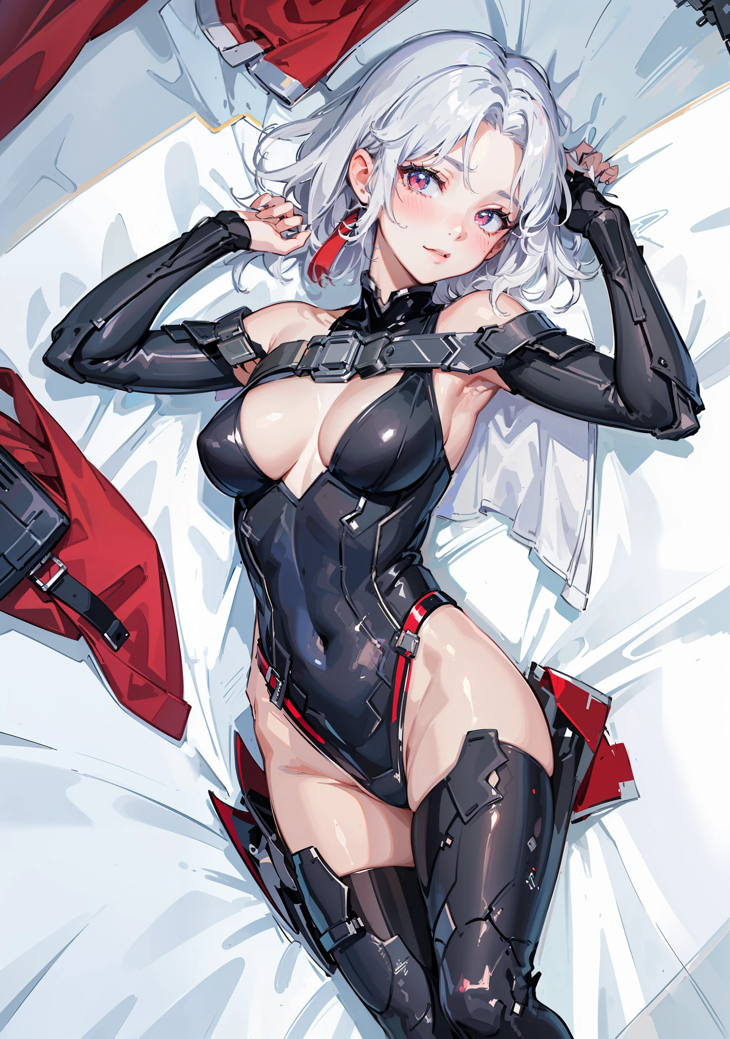 ((((masterpiece, best quality, high resolution)))), 1girl, white hair, red eyes, short wavy hair, average breasts, blush, light smile, glow, thighs, bare shoulders, collarbone, narrow waist, cleavage, (beautiful detailed face, beautiful detailed eyes), bedroom, night time, lying on bed, arms up, (from above view), hands behind head, OrigFullArm, full armed, cape, mechanical armor, highleg leotard, Origleotard, thighhighs,