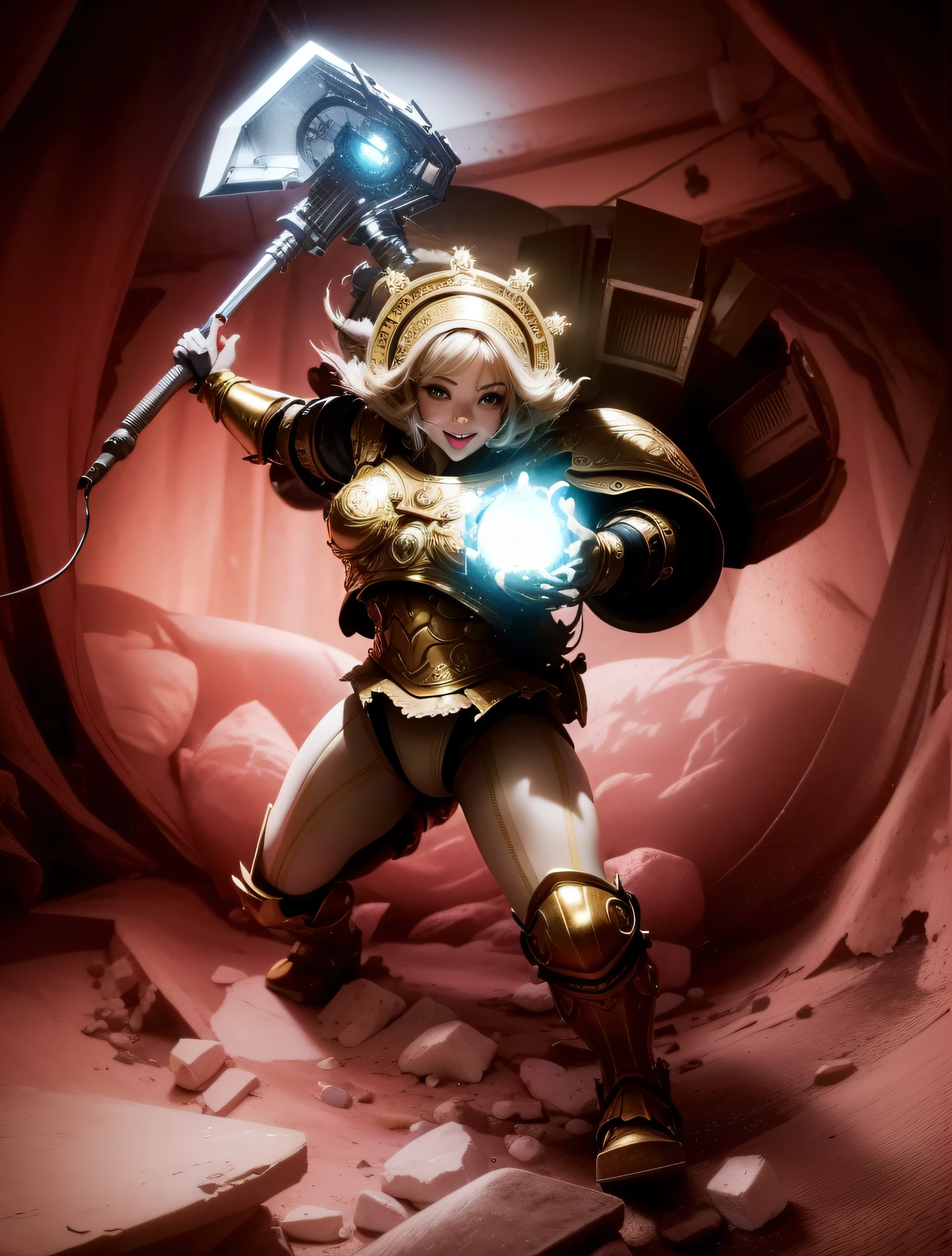 (8K,RAW photos,best qualtiy,tmasterpiece:1.2),(realisticlying,Photorealistic and realistic:1.37),Hyper-detailing,超高分辨率,1个Giant Breast Girl,looking at viewert,beautifull detailed face,Golden armor,ssmile,teeth,brassier,pantiess,profesional lighting,Detailed room,inside in room, --auto