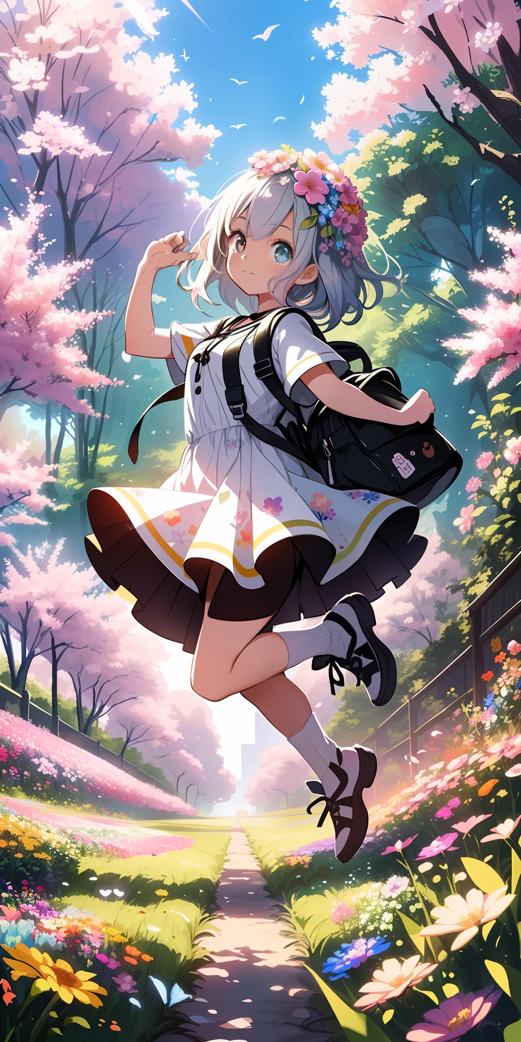 cartoon girl in a field of flowers with a backpack, childrens art in artstation, cute detailed digital art, cute art style, cute detailed artwork, adorable digital painting, girl in flowers, cute digital art, girl dancing in a flower field, full body portrait of a short!, girl in a flower field, a beautiful artwork illustration, girl jumping in a flower field