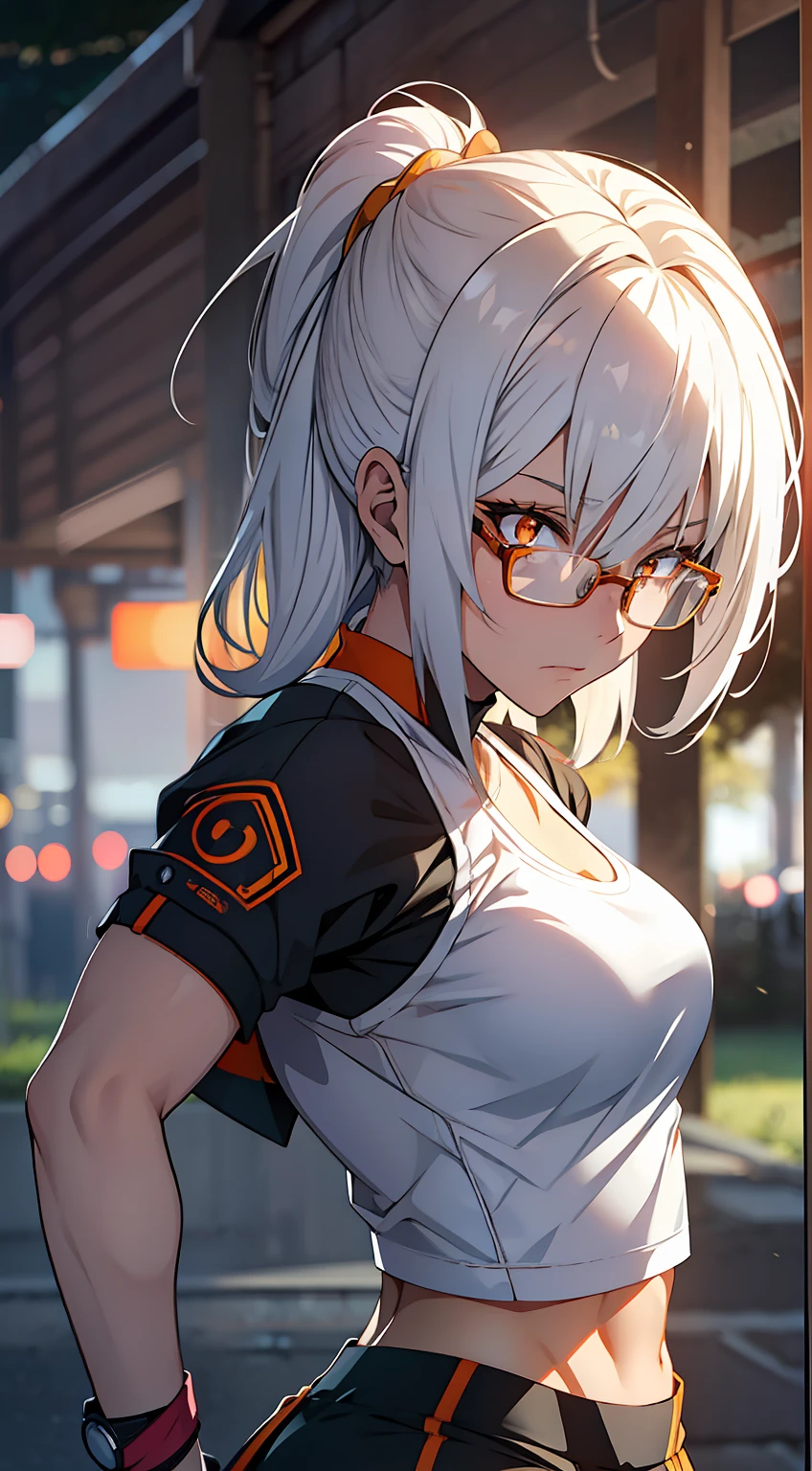 anime girl, white hair, orange eyes, training outdoor, muscular back, toned arms, glasses, alone, serious, tired, bokeh background, epic lighting, abs, glowing eyes