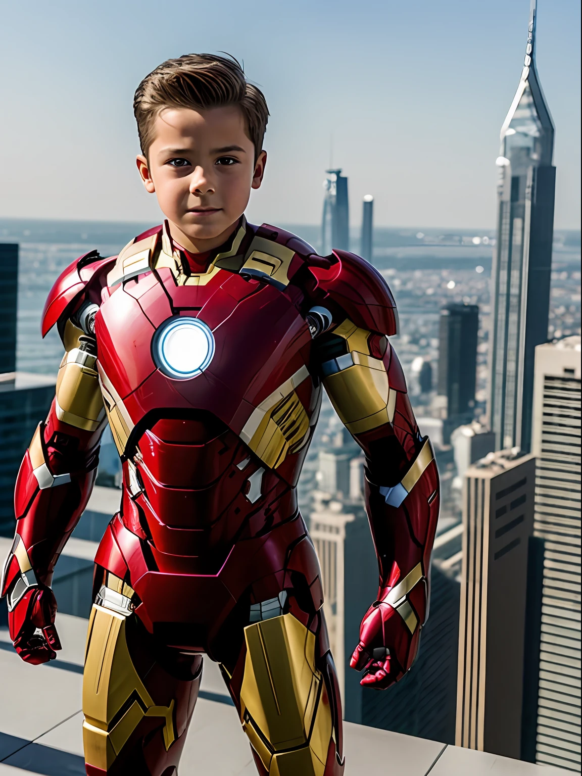 A 6--old opean boy,Handsome,Iron Man's body,Clear face,of a real,Scenes,skyscrapper,orthofacial