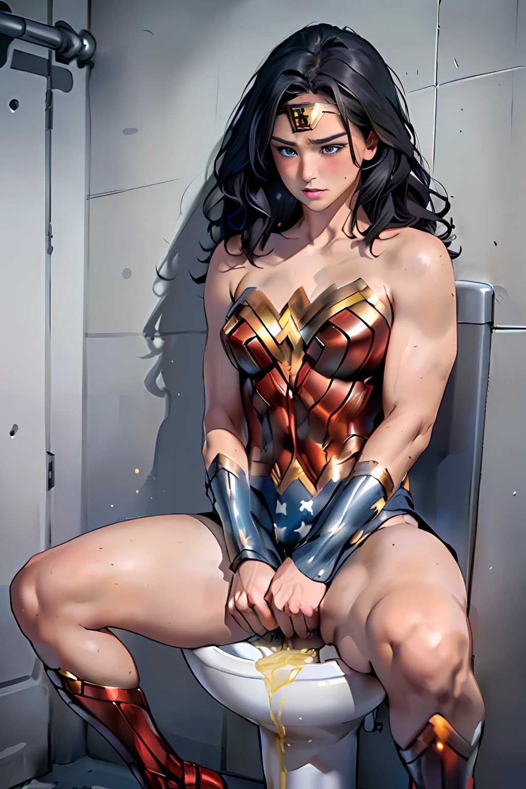 1 medium-length black wavy head, The Girl in the Wonder Woman Uniform, Blue Eyes, Muscular, bare shoulder, looking away, Sit down and spread your crotch apart,,, embarressed, blushing, Crying, Mouth Closed, Toilet, Sitting on the toilet, (girl leaking pee)