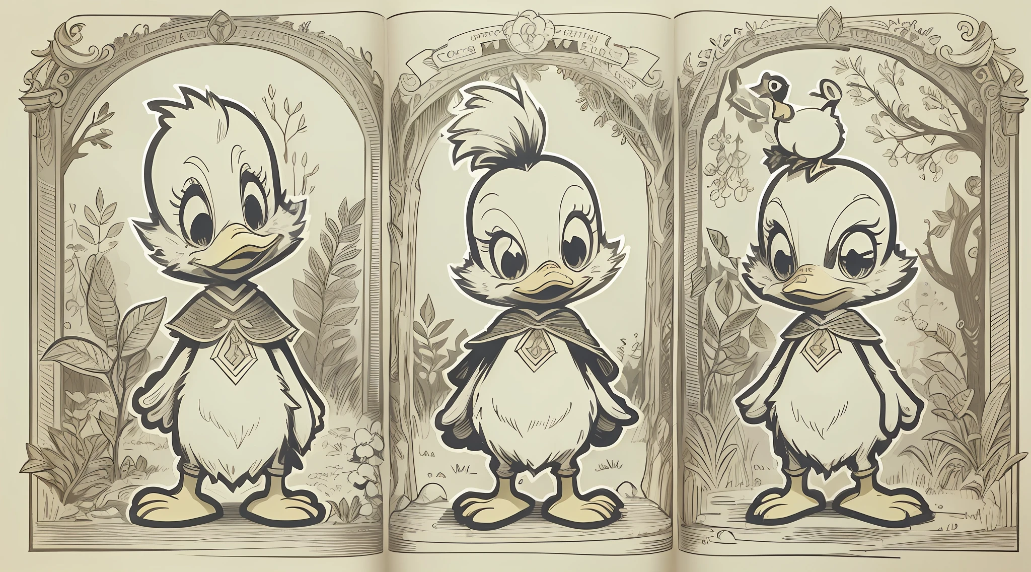 some little Donald Ducks on an adventure in an enchanted forest, magical creatures and plants, in the style of a simplified Disney children's book line drawing with no shadows and strong lines