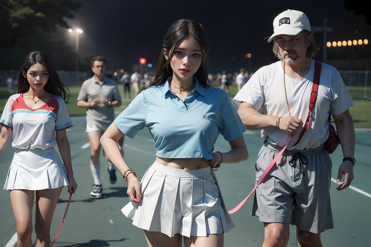 The highest quality shooting 、mid night 、School 、sports ground 、spot light 、 Pale light blue tennis wear 、big crowd 、white uniform 、White pleated skirt Bib、a miniskirt、Two Women 、Middle-aged man 、Udder is small、Collar with a leash 、Cowboy Shot 、
、Looking away 、 ,from the thighs up、tiny chest、Portraits are prohibited Standing and walking 、blushed face 、 Thin rope 、Middle-aged man 、above knee、looks to the side 、Spread your legs apart 、Middle hair、Low angle full body photo 、Sad look、 Black hair, shining beautiful skin , Sweat, collar and chain accessories, beautiful black pupil and hair, Detailed expression , beautidful eyes