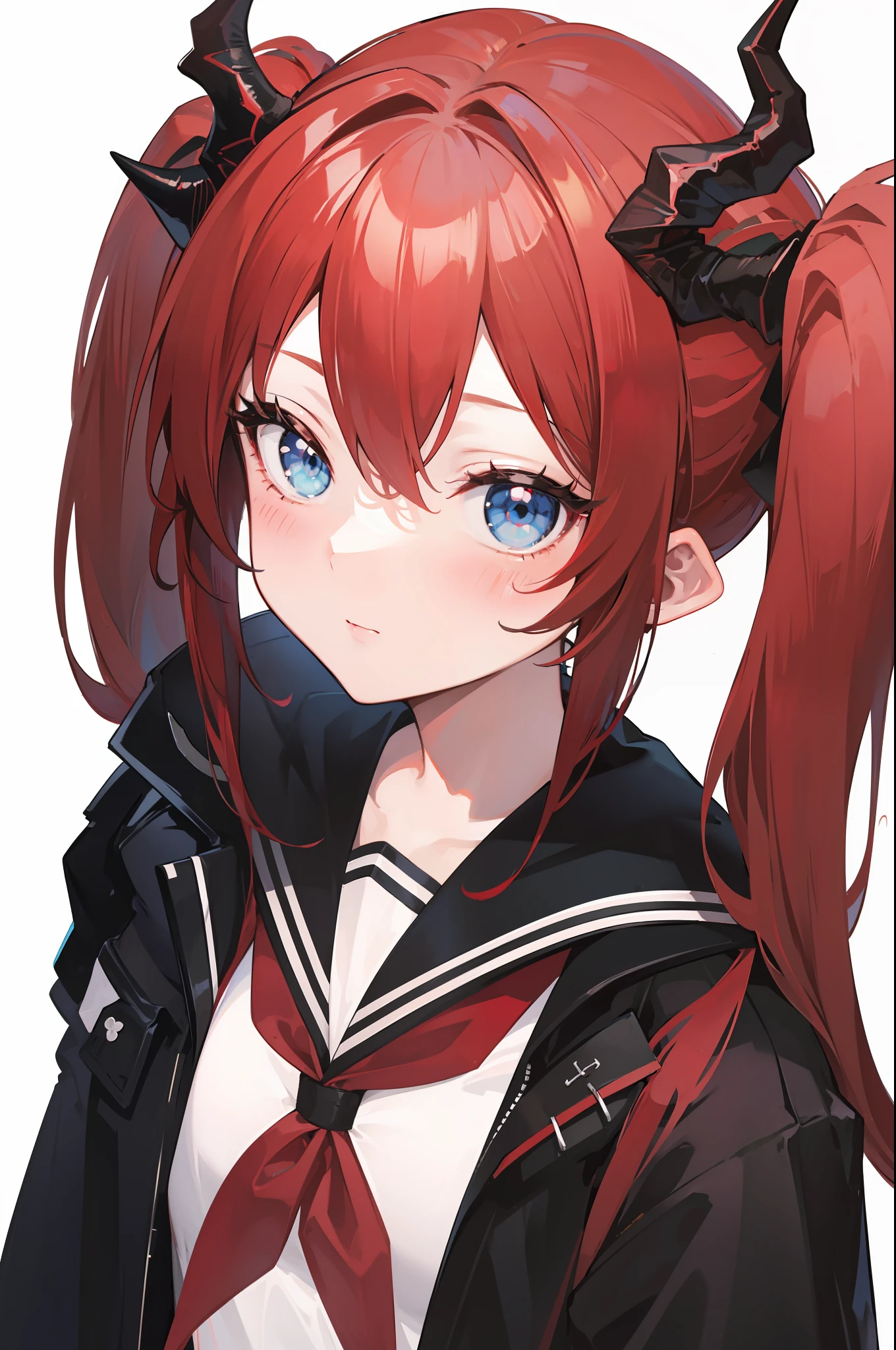 red hair, blue eyes, twintails,Sailor suit,Dragon horns,coat,red Pleated skirt,solo,1girl, arknights, long hair, ,
