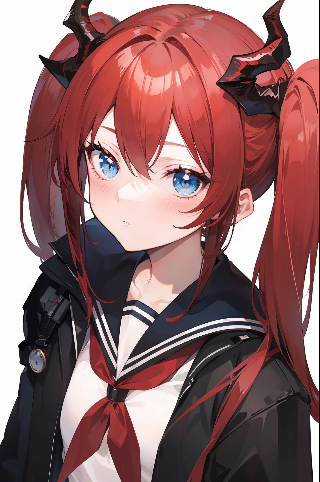 red hair, blue eyes, twintails,Sailor suit,Dragon horns,coat,red Pleated skirt,solo,1girl, arknights, long hair, ,