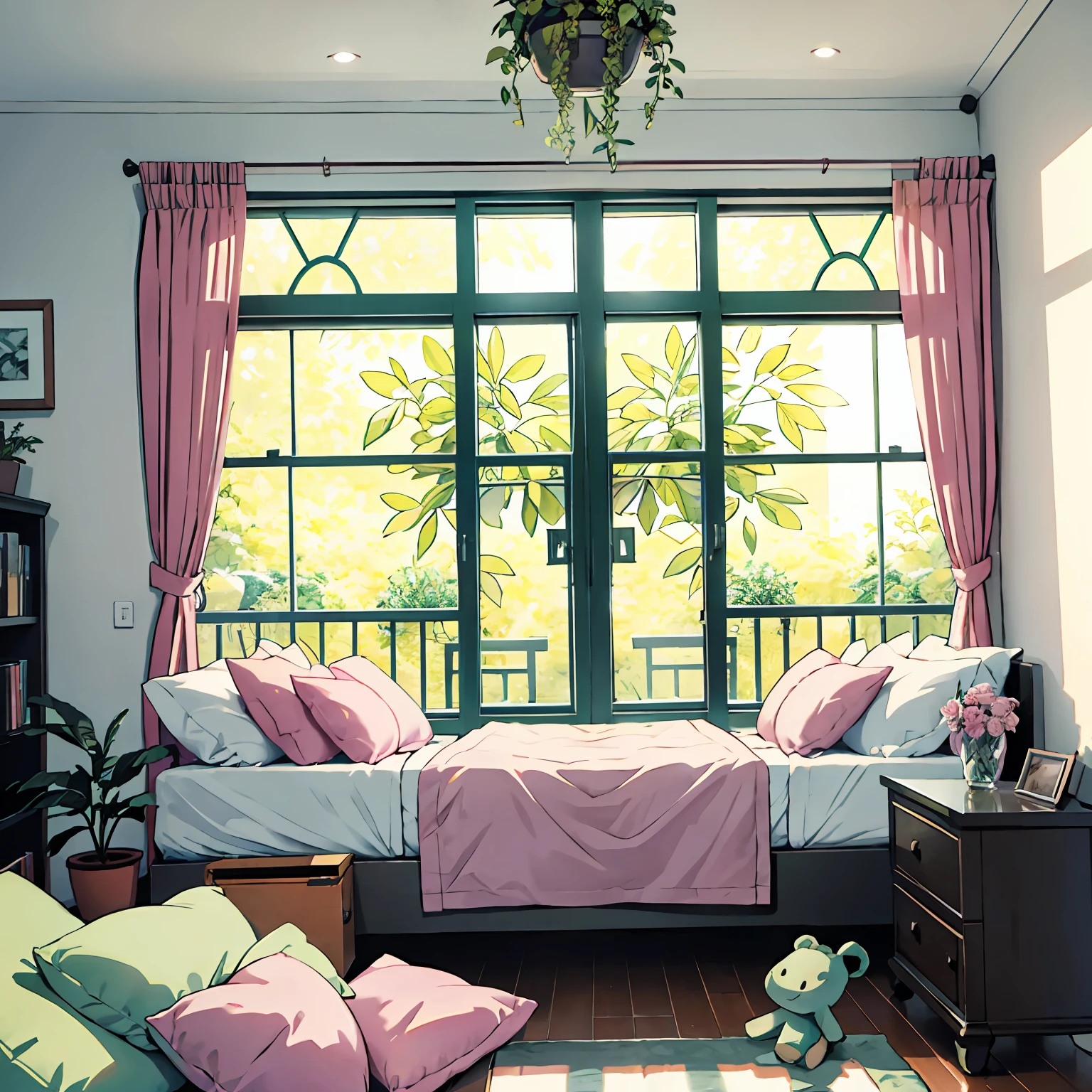 inside in room，Cosy bedroom，Beautifully renovated，green plant，high qulity，8k，Perfect sense of atmosphere，in pink，quadratic element，Plush dolls，fresh flowers，floor to ceiling window，rained --auto