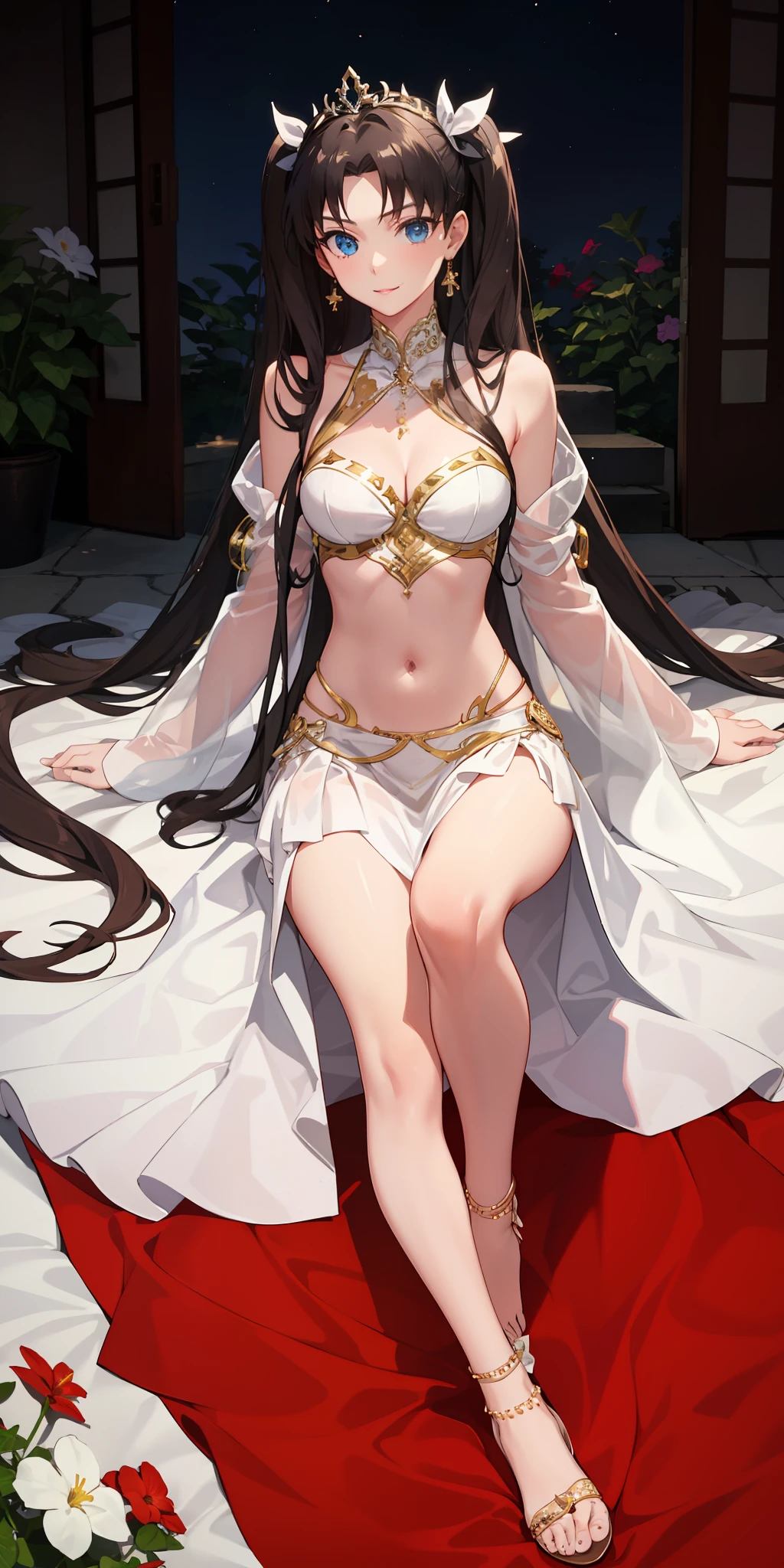 long hair, black hair, medium breast, slim legs, happy, white gown, cleavage, arabian belly dancer , skirt, rin tohsaka, twin tail, navel, garden, night, blue eyes, tiara, laying down