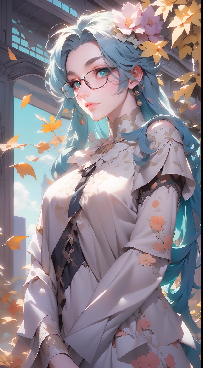 drawing of a woman with blue green color parted shoulder length hair no front bang and having glasses with flowers in her hair,korean art nouveau anime, beautiful anime artwork, artgerm and james jean, anime art nouveau, beautiful anime art, the flower prince, a beautiful artwork illustration, detailed anime character art, digital art on pixiv, anime fantasy illustration, detailed digital anime art, beautiful fantasy anime, clean detailed anime art, 2 d anime style, decora inspired illustrations, inspired by Yumihiko Amano, anime girl with teal hair, anime style portrait, beautiful anime art style, portrait of jinx from arcane, manga art style, anime style illustration, anime art style, extremely fine ink lineart, black and white manga style, black and white line art, ink manga drawing, intense line art, pencil and ink manga drawing, intense black line art, in style of manga, exquisite line art, perfect lineart,exquisite line art, exquisite digital illustration, detailed digital drawing, black and white coloring, digital anime illustration, a beautiful artwork illustration, detailed matte fantasy portrait, beautiful,(Daylight,autumn, Best quality, 8k, Masterpiece :1.3)), Whole body, Long legs, Sharp focus :1.2, A pretty woman with perfect figure wearing smart haute couture dress :1.4, Slender abs :1.1, ((Dark brown hair, small breasts :1.2)), (White tight tshirt, Jean bib, Standing:1.2), ((Night city view, Rooftop:1.3)), Highly detailed face and skin texture, Detailed eyes, Double eyelid,( watercolor \(medium\), IrisCompiet:1.2),abstract background, fantasy, many colors, wind blowing,masterpiece, best quality, (extremely detailed CG unity 8k wallpaper), (best quality), (best illustration), (best shadow), absurdres, realistic lighting, (Abyss), beautiful detailed glow,clear face, clean white background, masterpiece, super detail, epic composition, ultra HD, high quality, extremely detailed, official art, uniform 8k wallpaper, super detail, 32k -- v 6