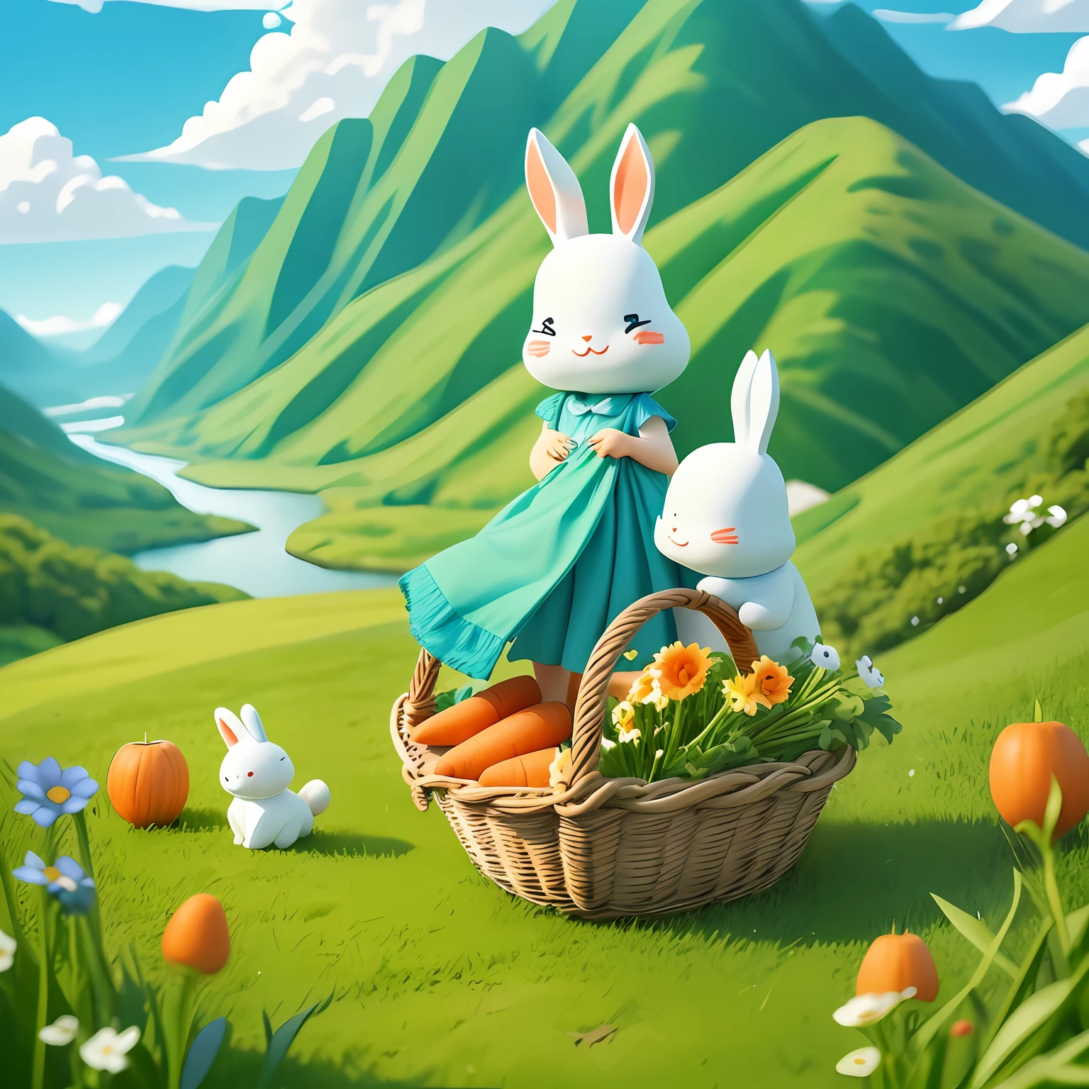 freshen，succinct，Flat illustration，（Cute little bunny），Large expanses of plants，（Green mountains and green water behind)，Smiling eyes，Carrying a small basket with carrots，with blue sky and white clouds，May Day poster，A4 paper size，There is May Day related copywriting --auto