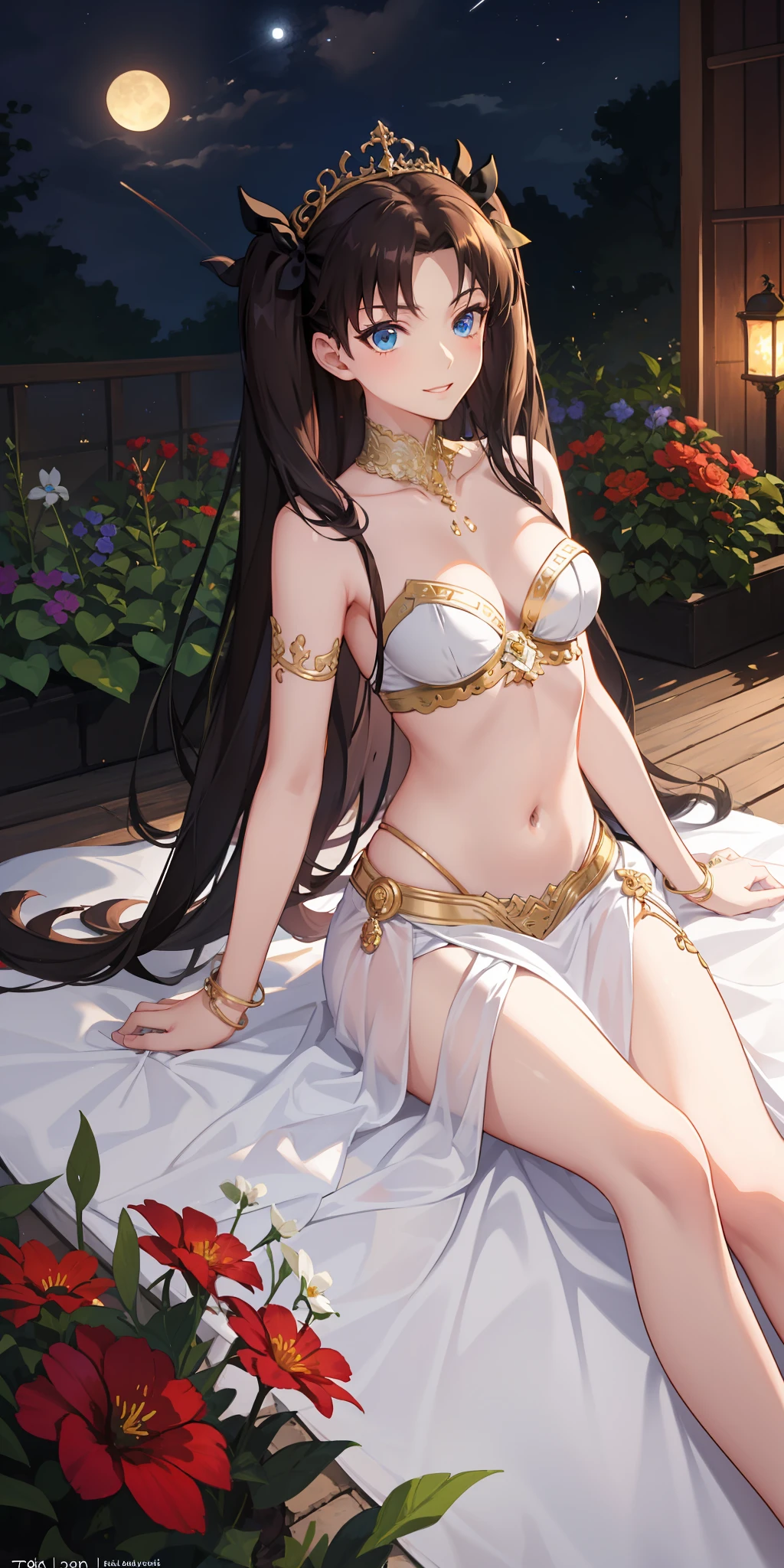 long hair, black hair, medium breast, slim legs, happy, white gown, cleavage, arabian belly dancer , skirt, rin tohsaka, twin tail, navel, garden, night, blue eyes, tiara, laying down