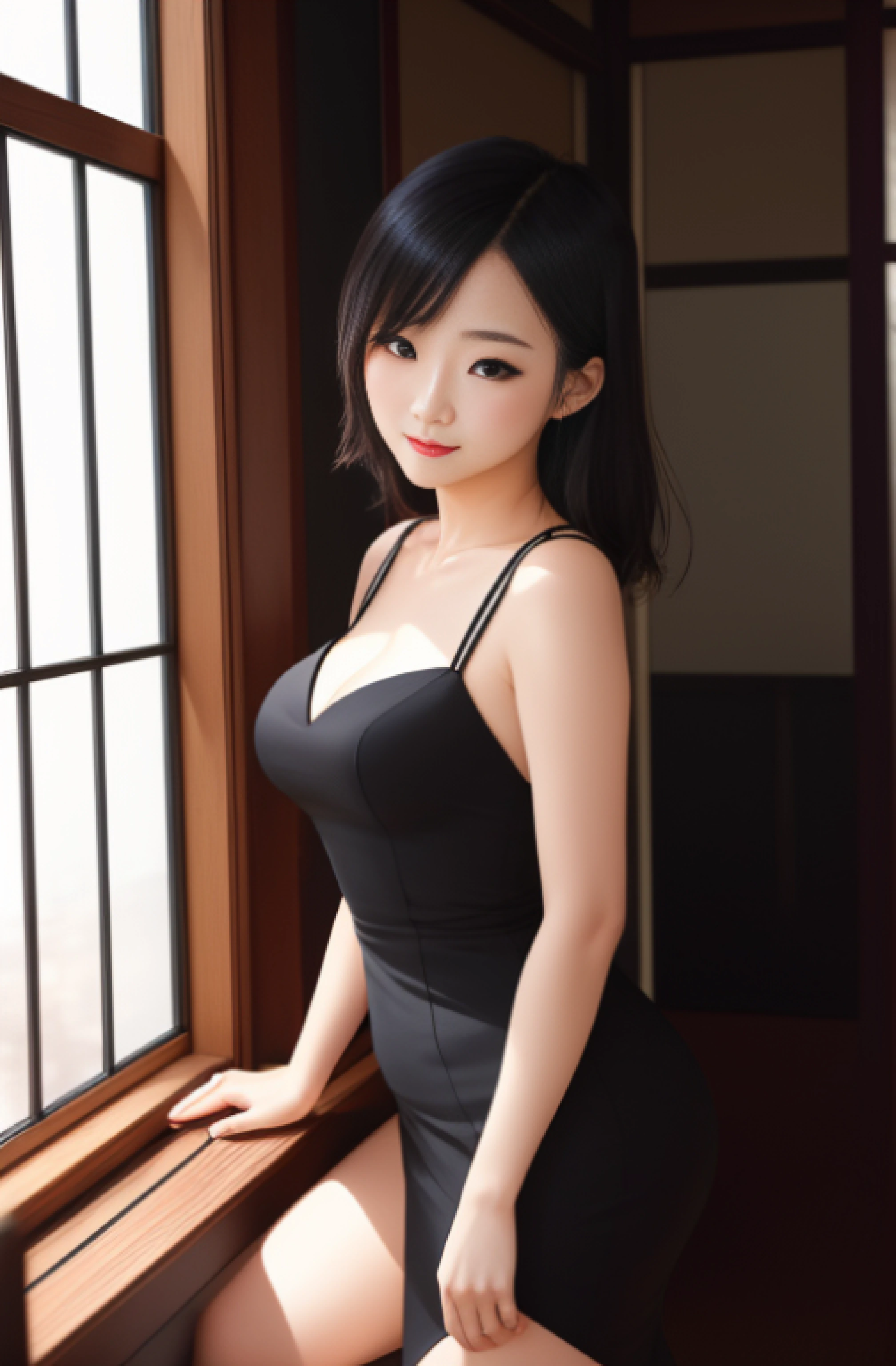There is a woman in a black dress posing by the window, goddess of Japan, sophisticated gravure idol, Asian Girl, 奈良美智, deayami kojima, Wearing a strict business suit,