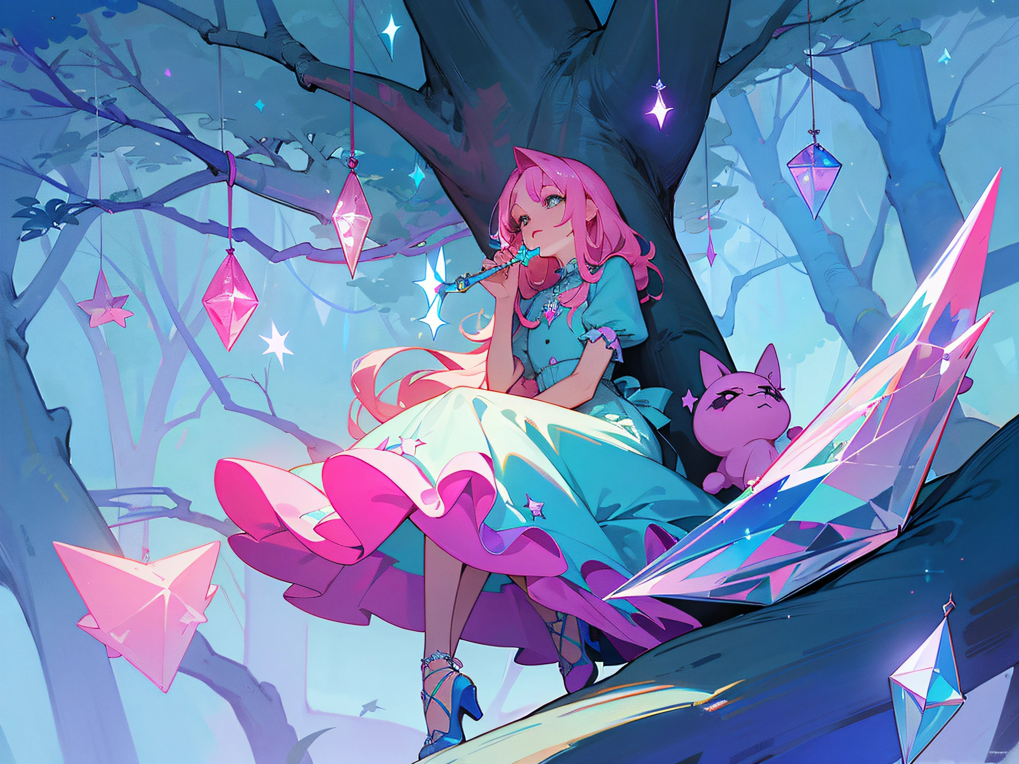 naturey,wonderland,Towering powder blue trees,Wind chimes and crystals hang from trees,Animals resting under trees,On the cliff sits a man in a gothic dress,Girl with pink hair,A star-like pendant hangs from the chest,Wearing crystal shoes on his feet,Blown crystal flute made of crystal,Fantastic smoke obscures the surroundings