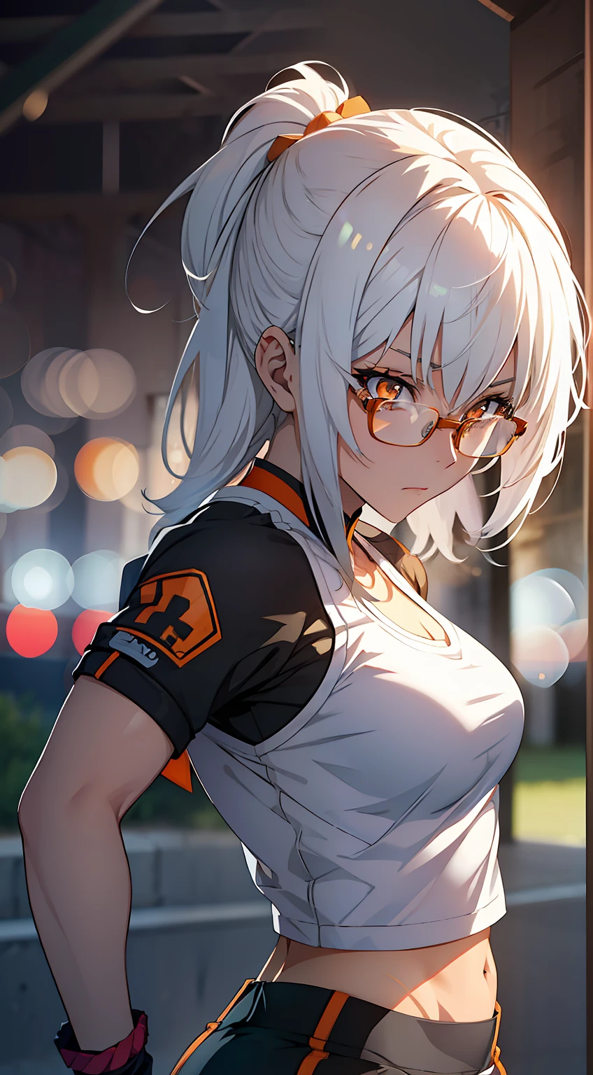 anime girl, white hair, orange eyes, training outdoor, muscular back, toned arms, glasses, alone, serious, tired, bokeh background, epic lighting, abs, glowing eyes