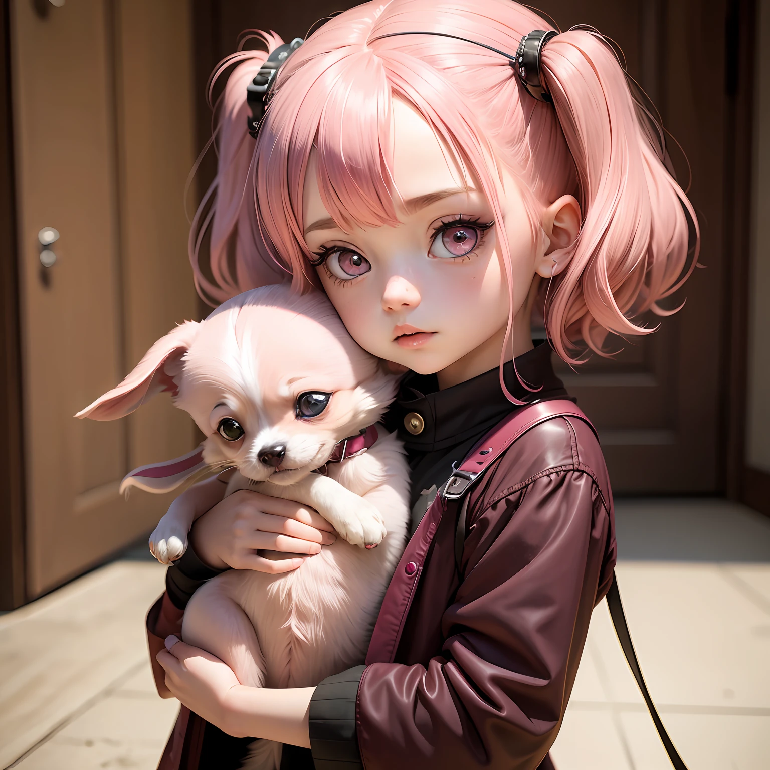 Little girl with pink hair，Big eyes，Burgundy pupils，adolable，Holding a small dog，style of anime --auto