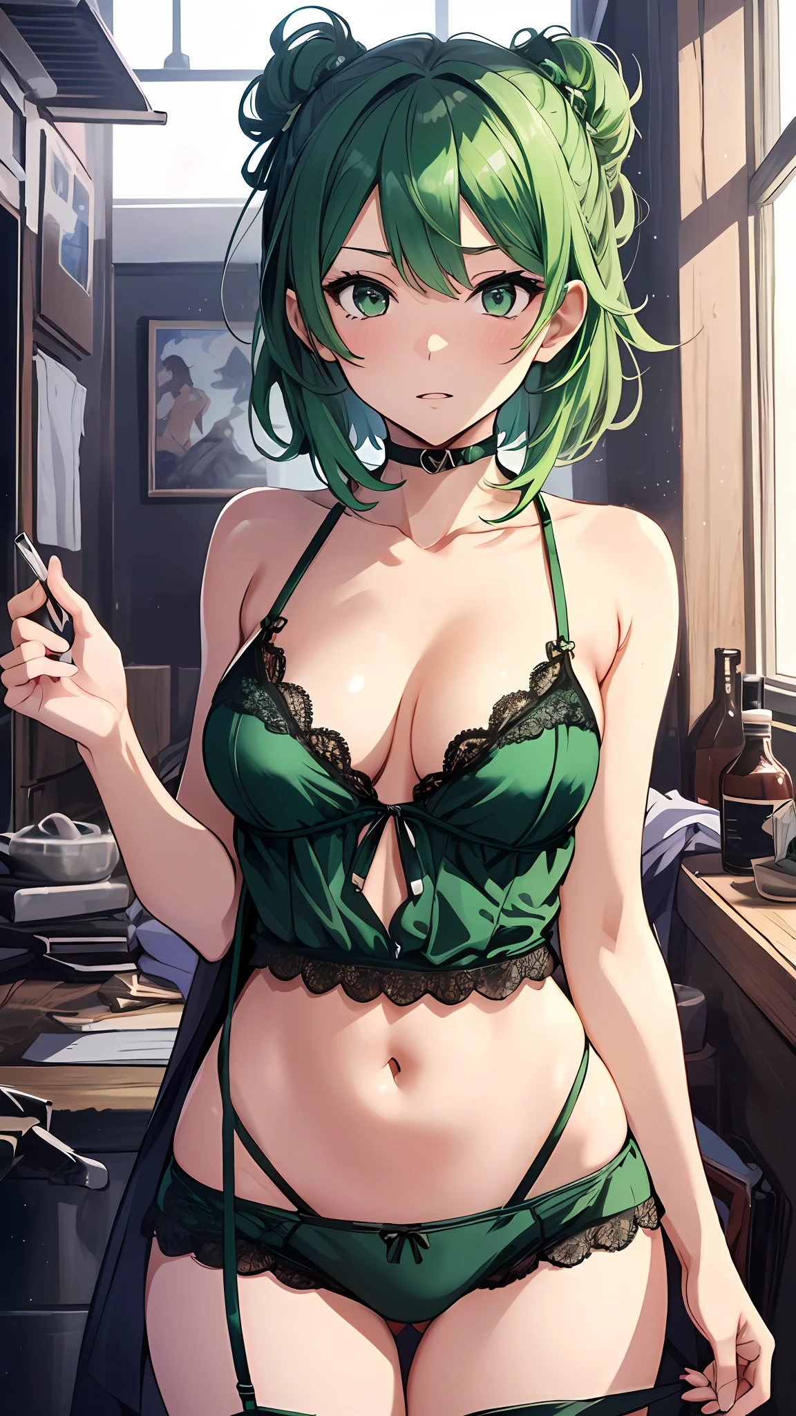 ((masutepiece)), ((Best Quality)), 8K, detaileds, Ultra-detailed, Detailed and Intricicated, 1girl in, Green hair, Medium hair, in one's underwear only, Red lingerie, Staring at me in embarrassment,