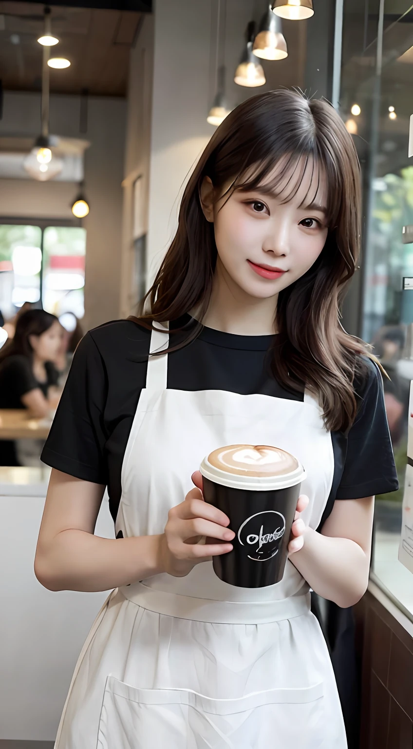 The highest quality of a beautiful older sister without makeup who is trying to give canned coffee at a café in the afternoon、Generate at the highest resolution。She wears a white shirt and green apron, and her beautiful black hair is tied into one and has a clean appearance.。