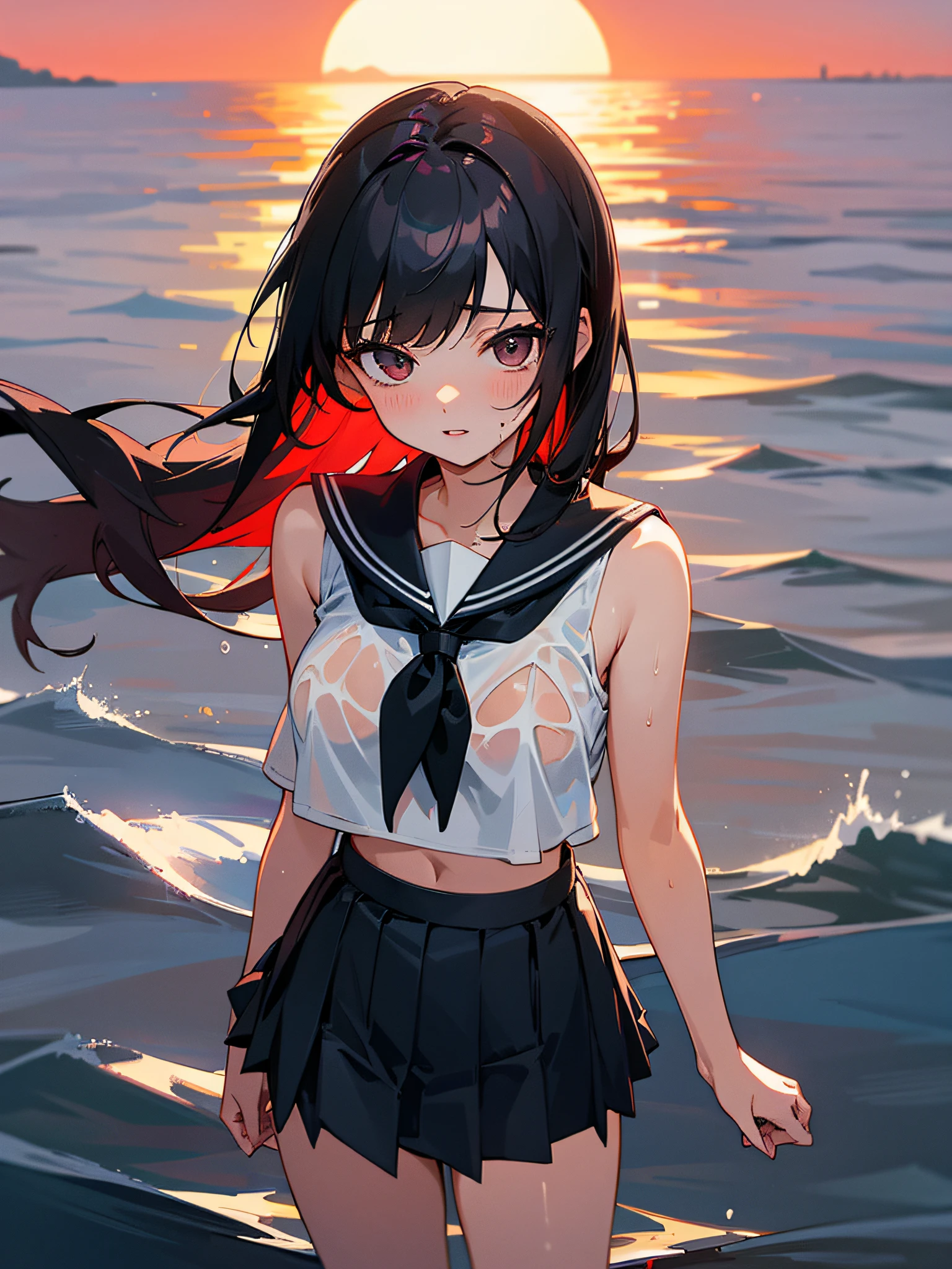 No geral,susceptible,questionable,barefaced,1girll,solo person,a skirt,Long model,Wet with,Looking_at_peeping at the viewer,pleatedskirt,red colour,sailors,The shirt,围巾,red colour,wetclothes,the ocean,exteriors,无袖,black short skirt,boobgasm,serafuku,school uniform,White color blouse,Manual lift,sleeveless shirts,Open lips,Eau,Cowboy fever,Skysky,Bare shoulders,By bangs,wet blouses,standing on your feet,ssee-through,clouds,Bare arms,鎖骨,black_sailors_Collar,suns,crop_Top,the sunset,greys,mini-skirts,cparted lips,medium boob