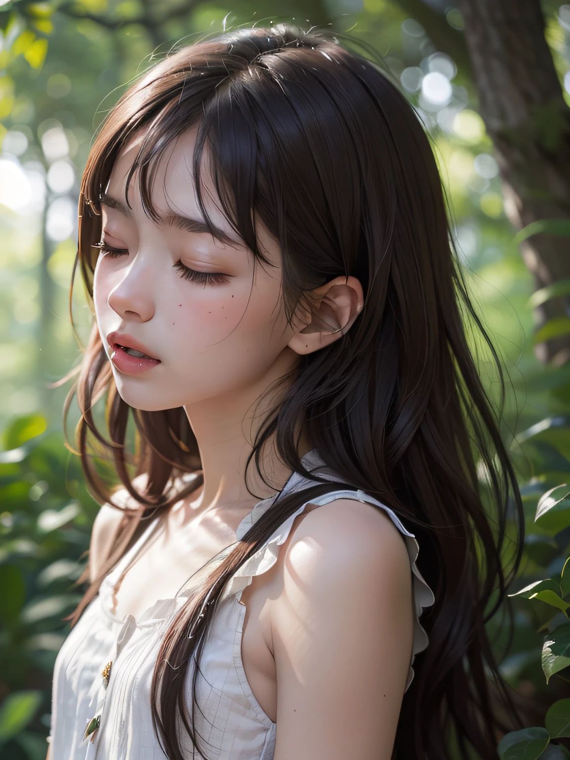 8K、Raw photo、(masuter piece)1.5、(top-quality)1.5、Hi-Res、Looking Up,(girl with)、1girl,(realisitic、Photorealsitic:1.5), (Close eyes):1.0, (Open mouth):1.5 Real numbers、Upper body、Brown hair,Sleeveless、skinny、years((small tits))1.8、Eyes closed、Deep sadness、Sorrow、look up sky、screeming、forest、Background blur