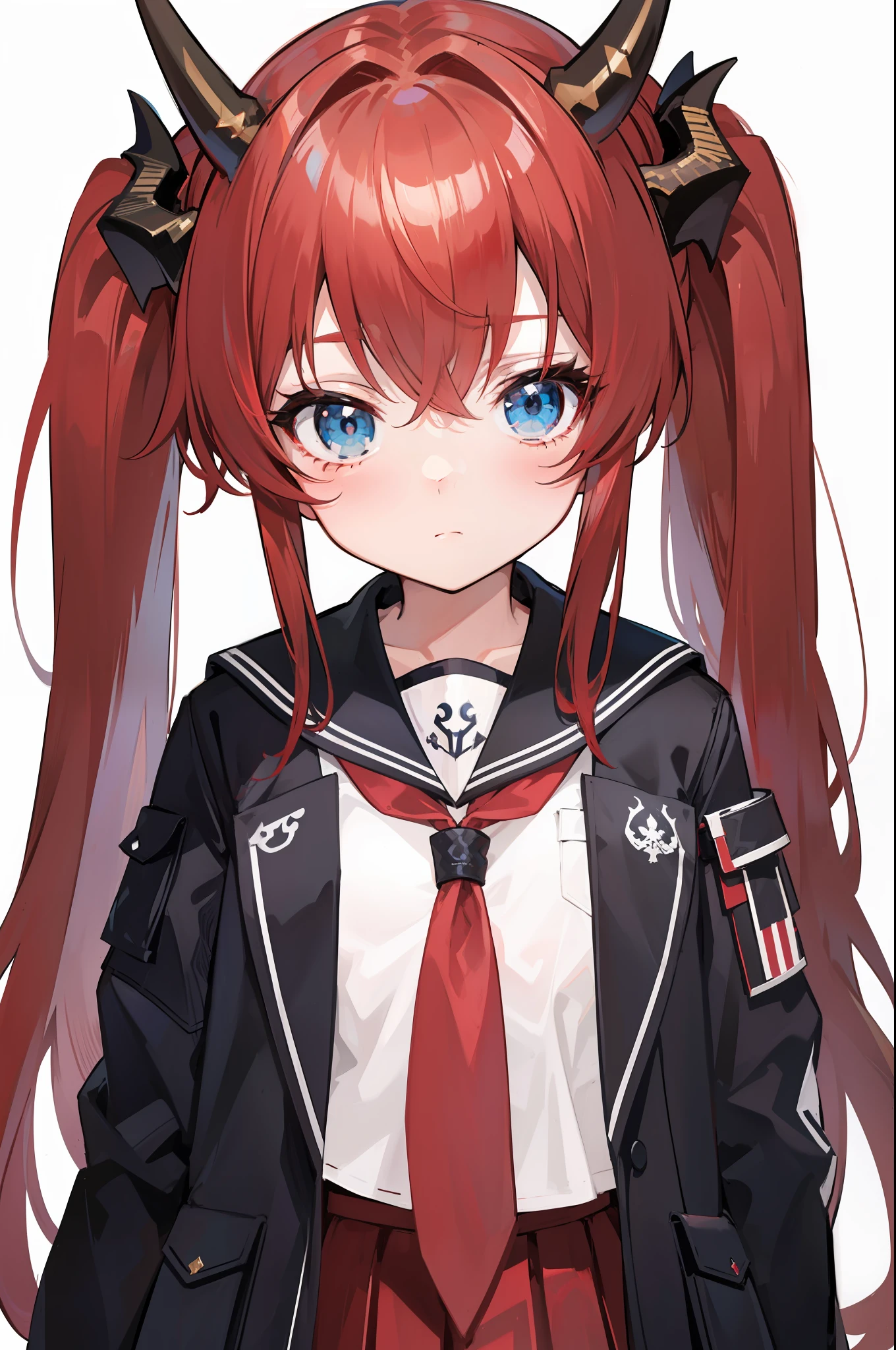 red hair, blue eyes, twintails,Sailor suit,Dragon horns,coat,red Pleated skirt,solo,1girl, arknights, long hair, loli,