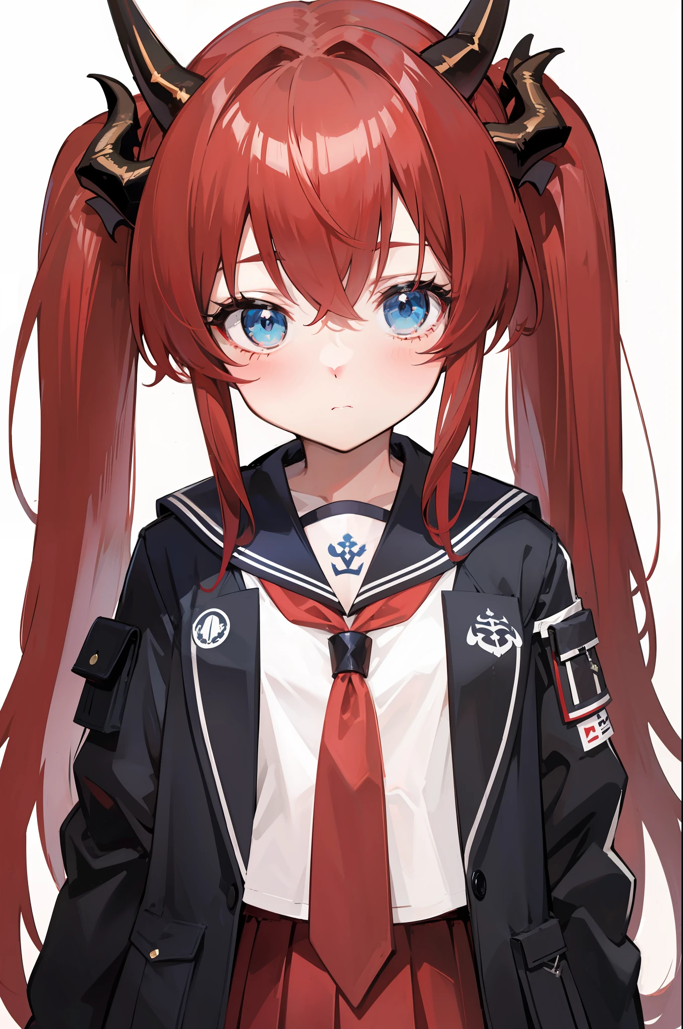 red hair, blue eyes, twintails,Sailor suit,Dragon horns,coat,red Pleated skirt,solo,1girl, arknights, long hair, ,
