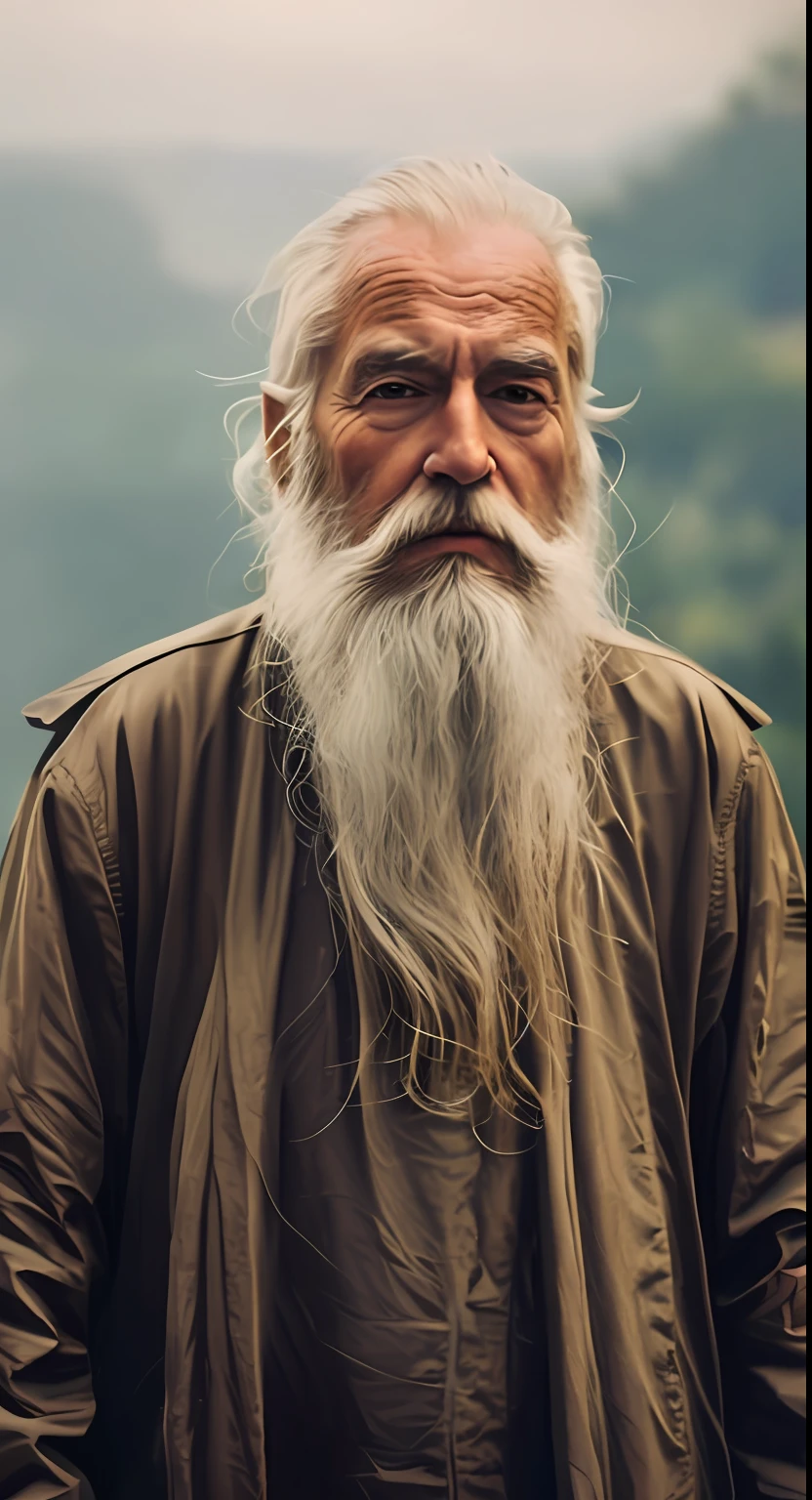 Close-up of a man with a long beard and a brown jacket, very long white beard and hair, long grey beard, Long white hair and white beard, Long white beard, very long silver beard, long white hair and beard, neat white beard and hair, Long beard, white long beard, White hair and white beard, silver hair and beard