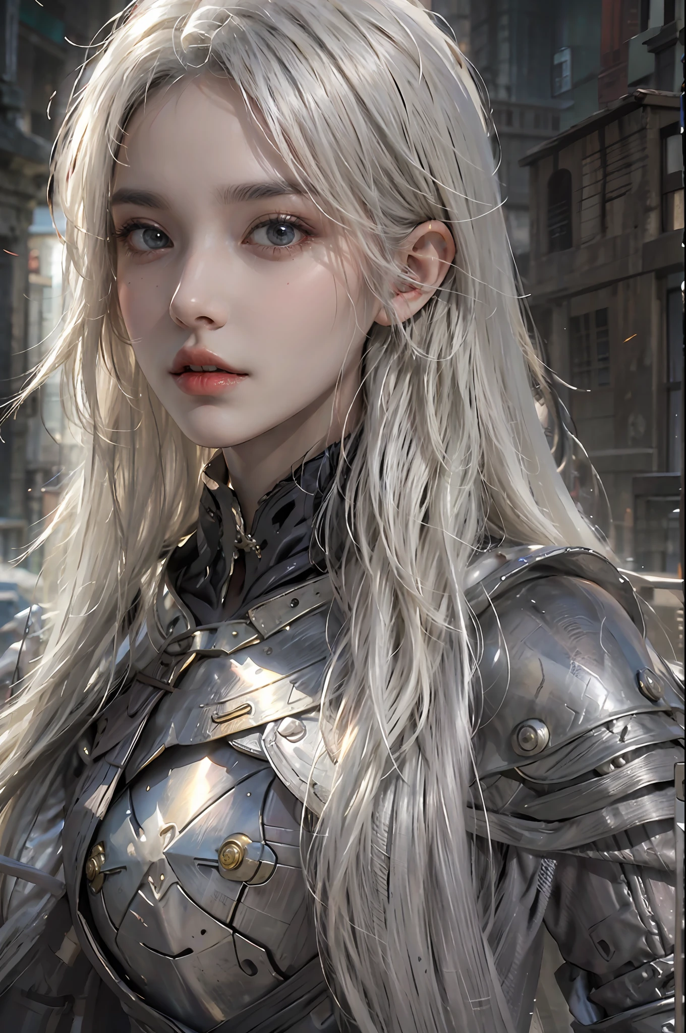 photorealistic, high resolution, 1 girl, hips up, white long hair, beautiful eyes, normal breast, dark souls style, knight armor