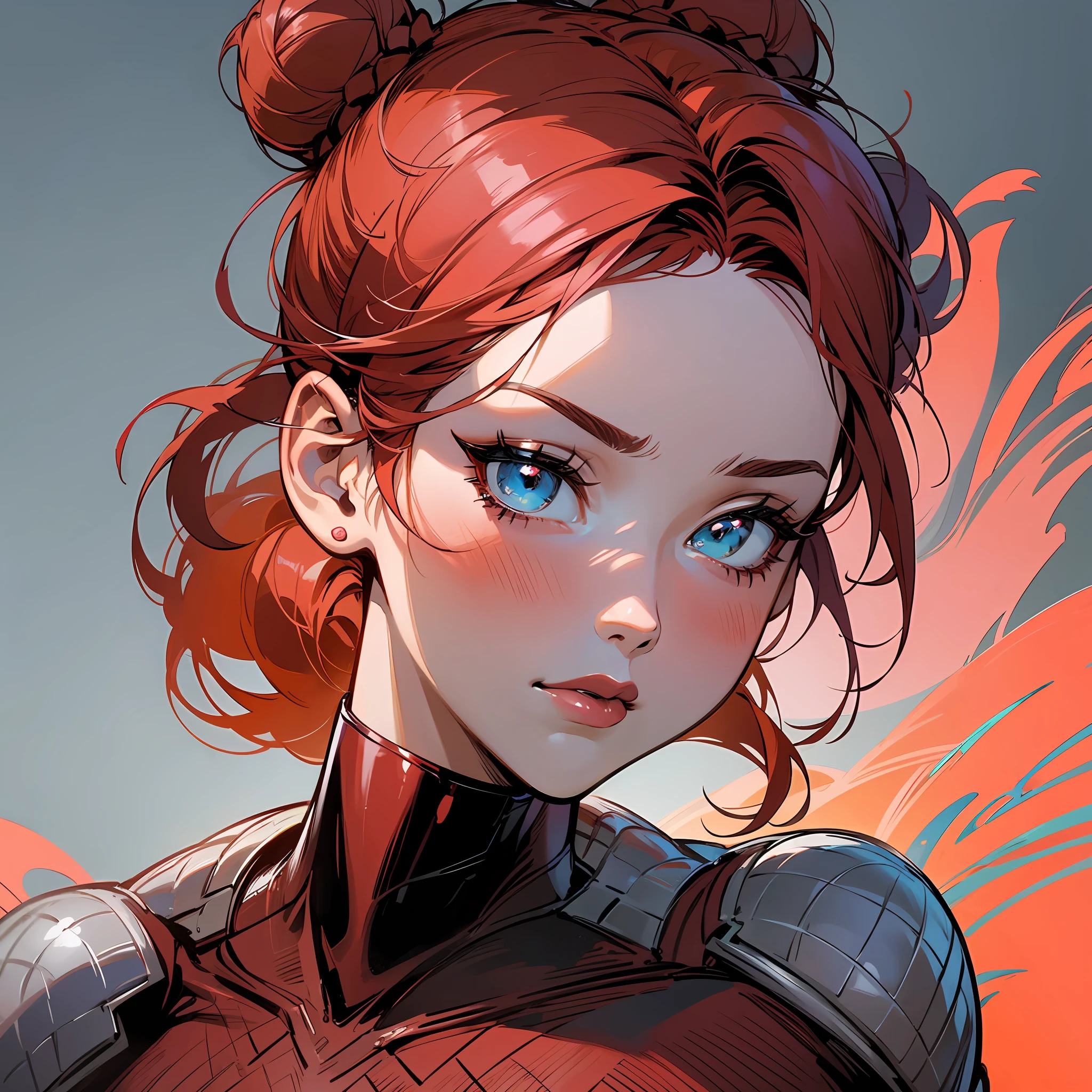 frontal close up on white background, beautiful woman, bright red braided bun hair, only red hair in the style of a Marvel comic book --auto --s2