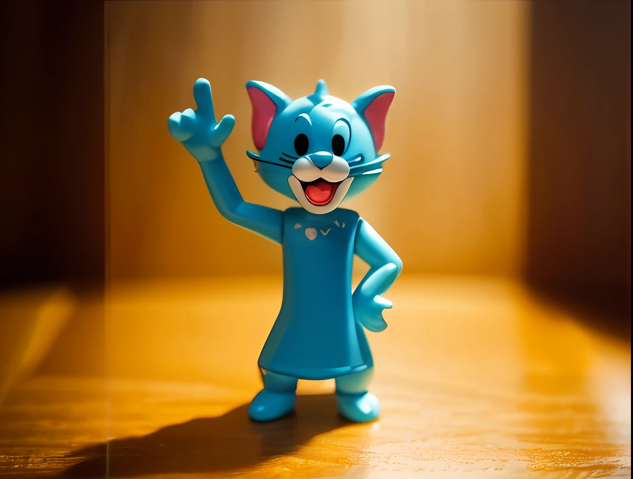 Close-up of toy character of a smiling cat, vinyl toy figurine, Tom and Jerry, action figurine toy, vinyl action figure, stop motion vinyl figure, pvc posable figure, art toys collectible figurine, Jerry, vinyl designer toy, stop motion vinyl action figure, pvc poseable, pvc figurine, posable pvc, author：Tom Bunson