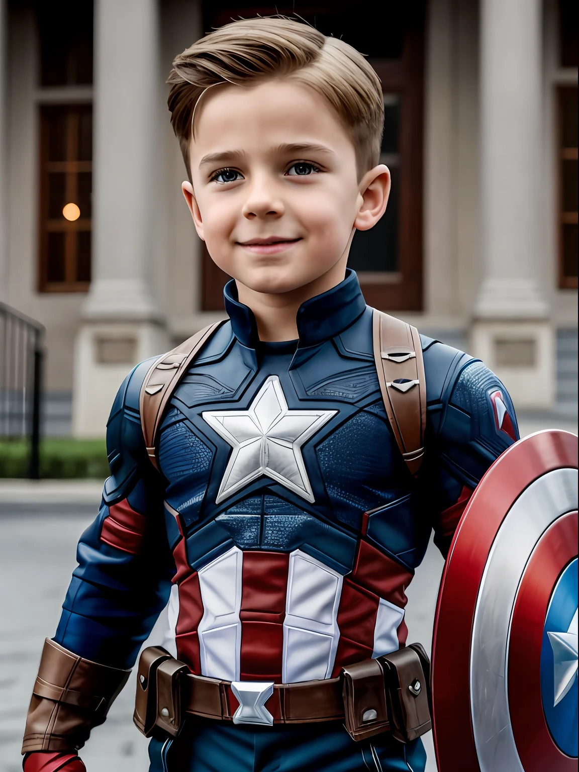 A 5--old opean boy，adolable，Captain America's body，Clear face，of a real，Scenes，orthofacial