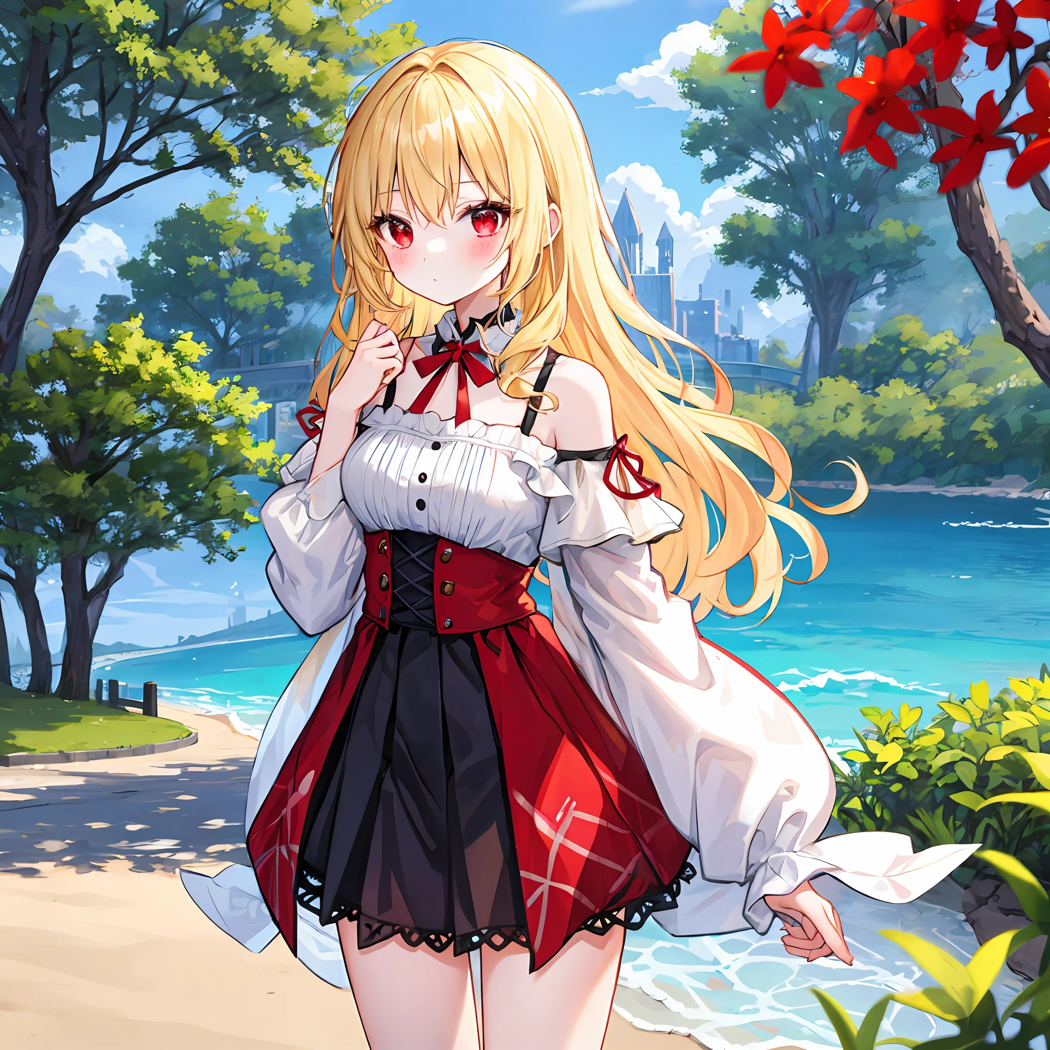 Wavy blonde girl、red eyes、独奏、red blush、off shoulders、Fluffy clothes、a miniskirt、a park、LONELY