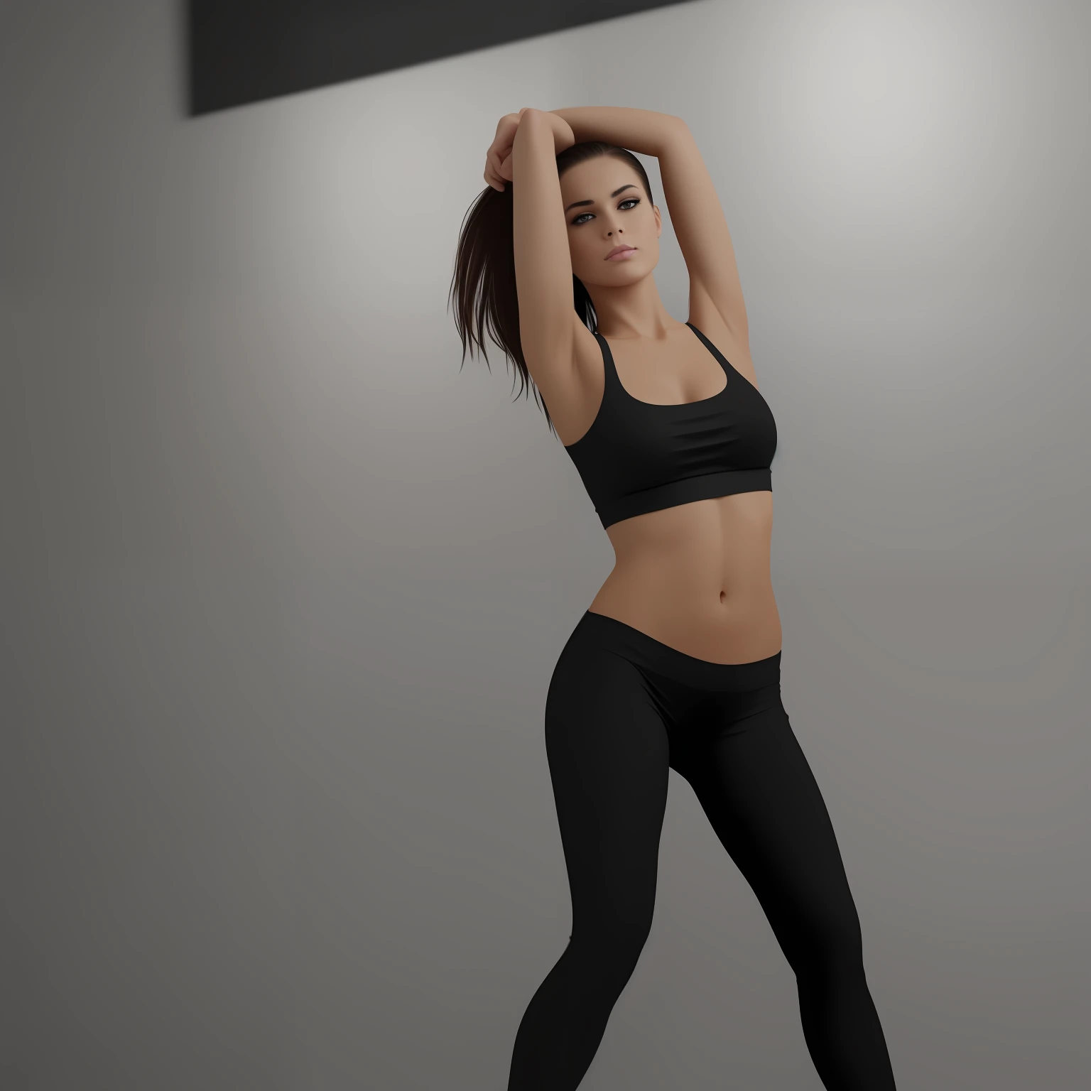 She looks a bit like megan fox, Beautiful Brazilian girl, brown hair in a ponytail, 18 years old, beautiful thin figure symmetrical eyes, (beautifully detailed face, beautiful detailed eyes), dramatic lighting, (photo realism:1. 4), realistic, sharp focus, HD, highly complex, intricate, photography, hyperrealism, hyperrealistic, raytracing, physics-based rendering, ((8k, RAW photo, masterpiece), High detail RAW color photo, (highest quality), (best shadow), (best illustration), ultra high resolution, highly detailed CG unified 8K wallpapers), rim lighting, vivid color, post-processing, vibrant, color grading, doing squats in the gym, photo from behind, you can see her beautiful ass, wearing tight leggings and a short t-shirt