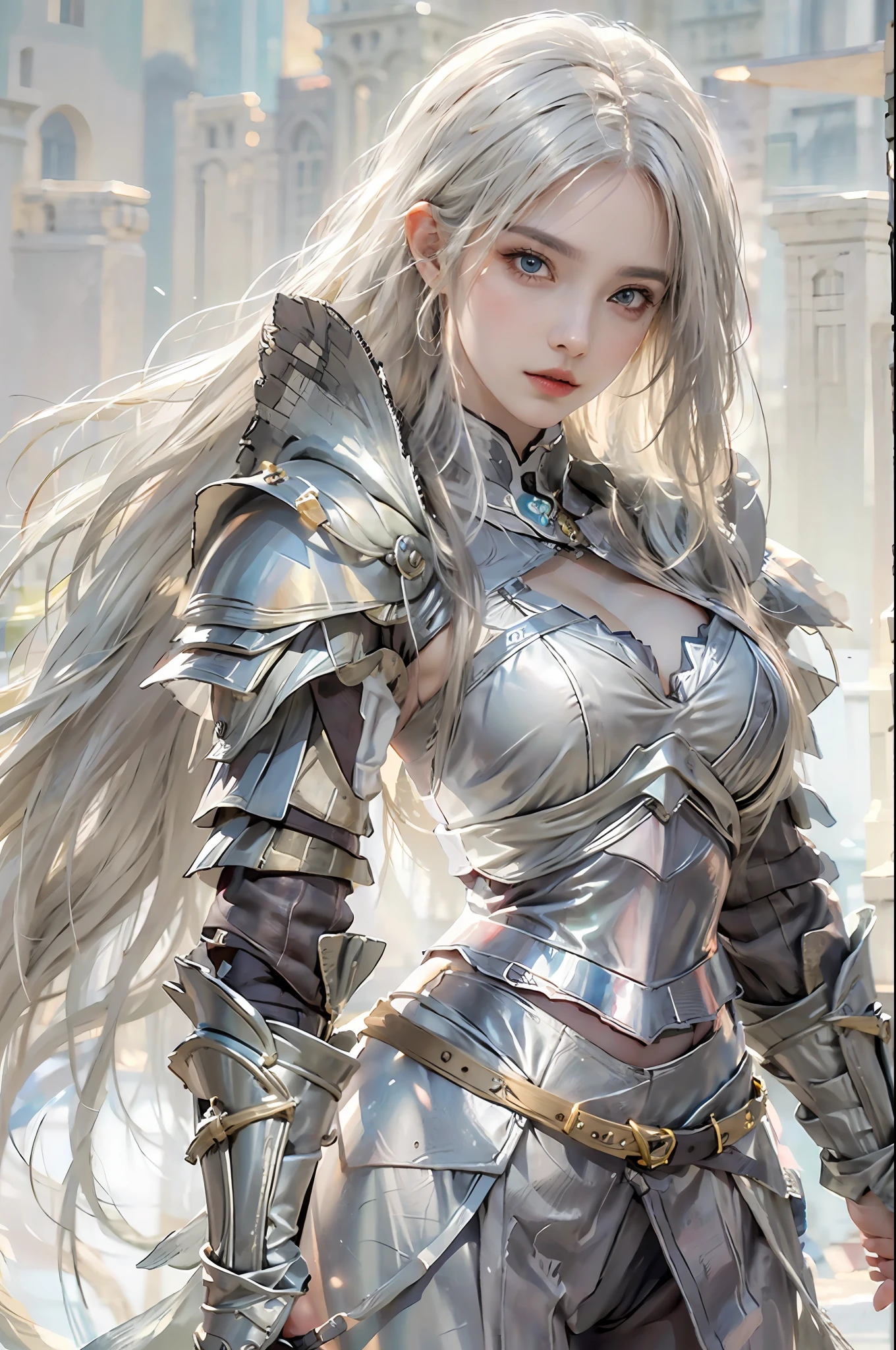 photorealistic, high resolution, 1 girl, hips up, white long hair, beautiful eyes, normal breast, dark souls style, knight armor