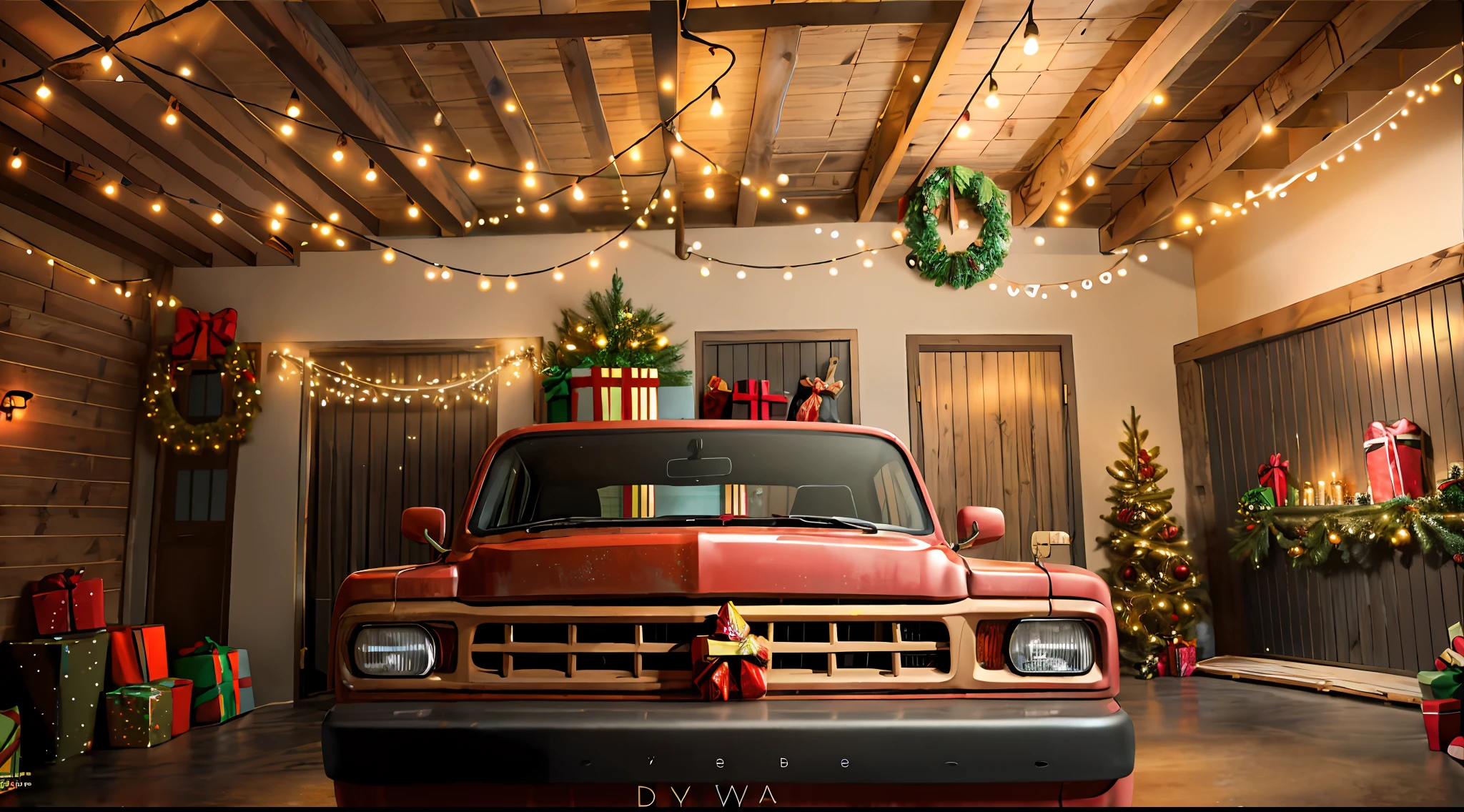 Dark scene inside garage at night｜Wooden wall background｜Grey cement floor｜A red pickup truck full of Christmas presents，The headlights are on，Facing the screen｜Rich variety of Christmas decorative furniture｜Highly decorative scenes｜American farm style｜vintagestyle｜Christmas atmosphere｜interior photography｜A high resolution