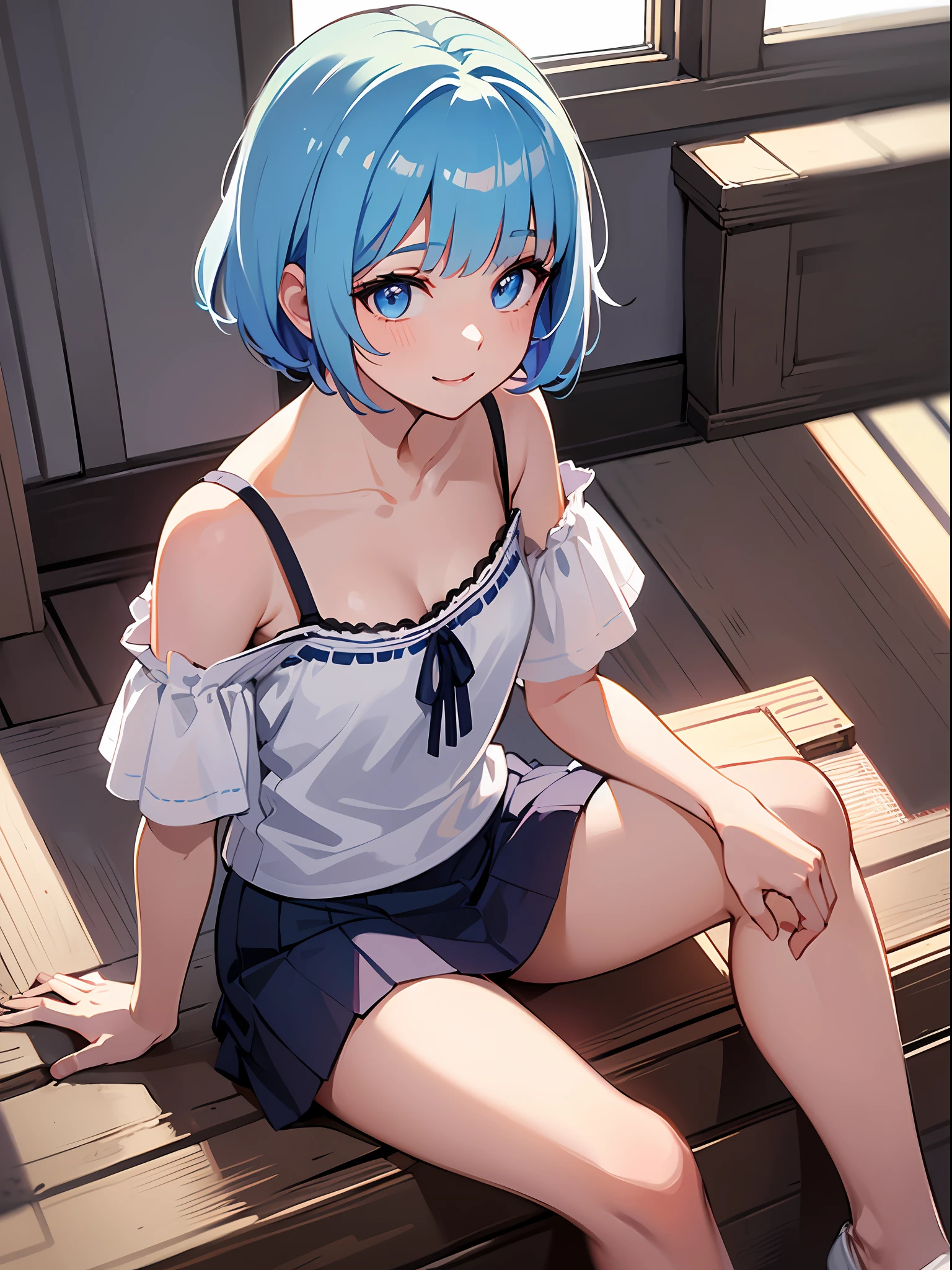 (masterpiece:1.3), (best quality:1.3), high resolution,
from above, dutch angle, couboy shot,
sitting, body facing forward, M shaped spread legs,
(one cute girl:1.3), solo,
white skin, small Breast, eight-headed person,
light blue hair, (bobbed hair:1.2), (short hair:1.2), (blunt bangs:1.2), beautiful hair, blue eyes, beautiful detailed eyes,
heart, cheerful smile,
blue check skirt, camisole,
indoors, living, white room,
shadowlighting,