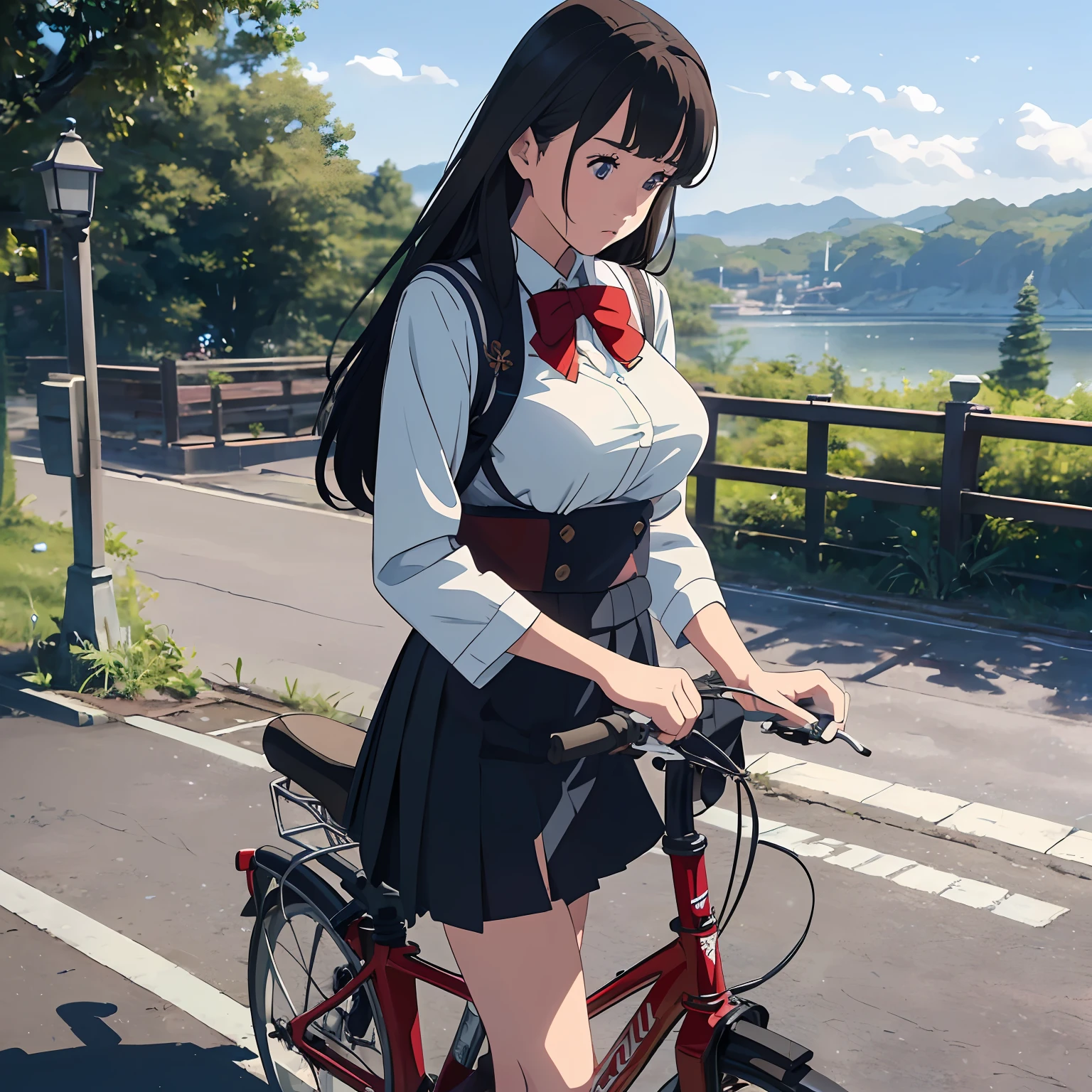 Shoreline Road, Front, Angle from Below, Straight Hair, Pedal Bike, Hands Forward Gripping Bicycle Handlebars, Sitting on Bicycle Saddle, Ulzzang-6500-V1.1, (Original photo: 1.2), (Realistic: 1.4), (White Panties), Beautiful and detailed girl, Very detailed eyes and face, Beautiful delicate eyes, Huge file size, HD, Very detailed, Best quality, Masterpiece, (((Japanese Girls' High School Uniform)), Very detailed, CG, 8k wallpaper, fantastic, fine details, best quality, highly detailed CG uniform, face light, movie lighting, 16 year old girl, big breasts, cleavage --auto