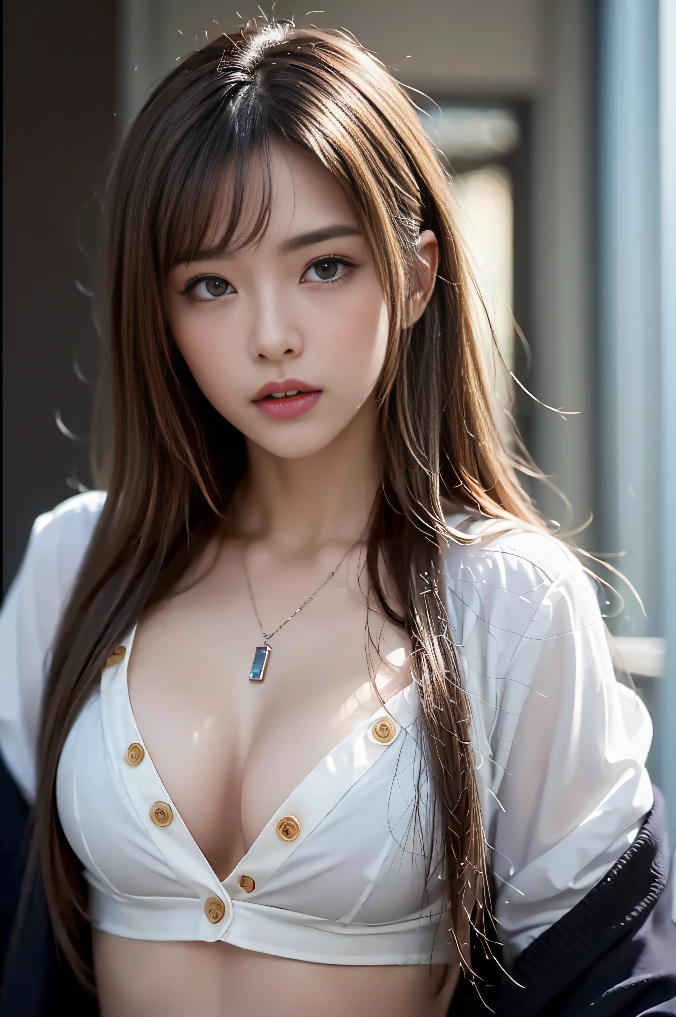 ((Realistic lighting、top-quality、8K、masterpiece:1.3))、Clear focus:1.2、girl with、perfectbodybeauty:1.4、Slim abs:1.1、((dark brown hair、Big:1.3))、(Acceleration:1.4)、walk、BREAK、tall:1.3、(Slender face、Narrow-eyes:1.2)、((length hair:1.4))、二重まぶた、Swaying hair、Exposed cleavage、(White button-up long shirt:1.1、Black Office Suit、a miniskirt、no-bra:1.3)、a necklace、Navel Ejection、Expression of melancholy、