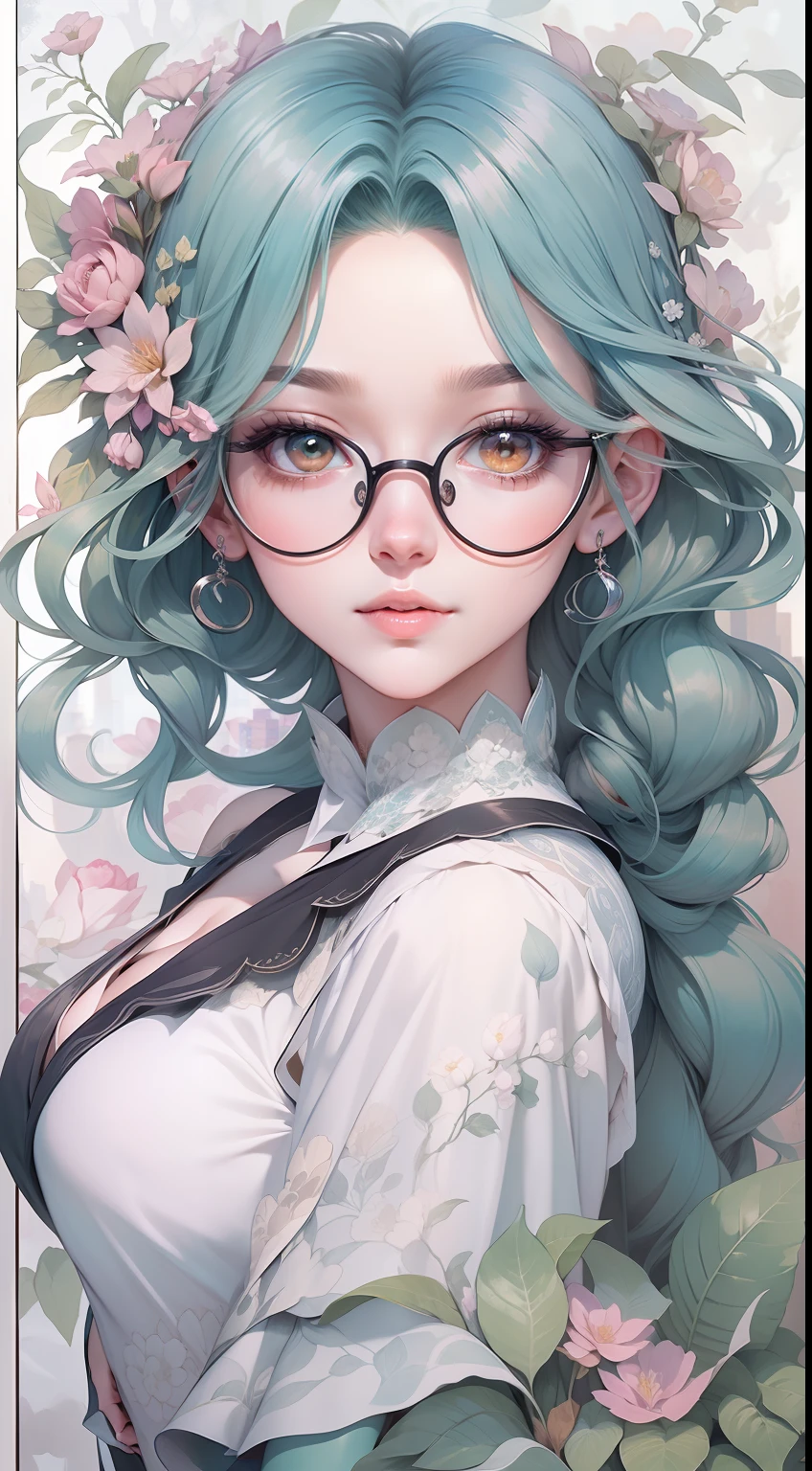 drawing of a woman with blue green color parted shoulder length hair no front bang and having glasses with flowers in her hair,korean art nouveau anime, beautiful anime artwork, artgerm and james jean, anime art nouveau, beautiful anime art, the flower prince, a beautiful artwork illustration, detailed anime character art, digital art on pixiv, anime fantasy illustration, detailed digital anime art, beautiful fantasy anime, clean detailed anime art, 2 d anime style, decora inspired illustrations, inspired by Yumihiko Amano, anime girl with teal hair, anime style portrait, beautiful anime art style, portrait of jinx from arcane, manga art style, anime style illustration, anime art style, extremely fine ink lineart, black and white manga style, black and white line art, ink manga drawing, intense line art, pencil and ink manga drawing, intense black line art, in style of manga, exquisite line art, perfect lineart,exquisite line art, exquisite digital illustration, detailed digital drawing, black and white coloring, digital anime illustration, a beautiful artwork illustration, detailed matte fantasy portrait, beautiful,(Daylight,autumn, Best quality, 8k, Masterpiece :1.3)), Whole body, Long legs, Sharp focus :1.2, A pretty woman with perfect figure wearing smart haute couture dress :1.4, Slender abs :1.1, ((Dark brown hair, small breasts :1.2)), (White tight tshirt, Jean bib, Standing:1.2), ((Night city view, Rooftop:1.3)), Highly detailed face and skin texture, Detailed eyes, Double eyelid,( watercolor \(medium\), IrisCompiet:1.2),abstract background, fantasy, many colors, wind blowing,masterpiece, best quality, (extremely detailed CG unity 8k wallpaper), (best quality), (best illustration), (best shadow), absurdres, realistic lighting, (Abyss), beautiful detailed glow,clear face, clean white background, masterpiece, super detail, epic composition, ultra HD, high quality, extremely detailed, official art, uniform 8k wallpaper, super detail, 32k -- v 6
